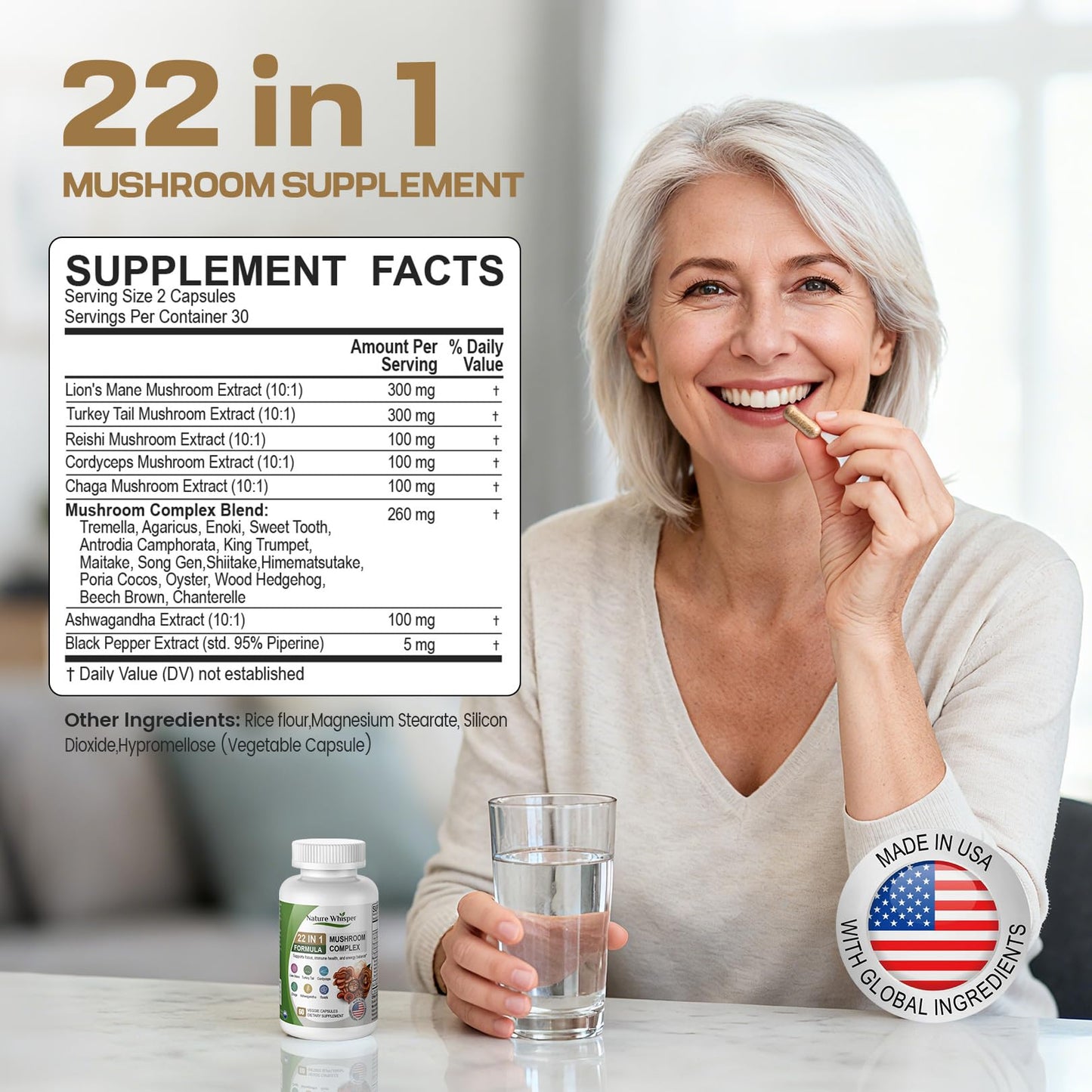 Nature Whisper 22 in 1 Lions Mane Mushroom Supplement with Ashwagandha & Black Pepper, 60 Capsules