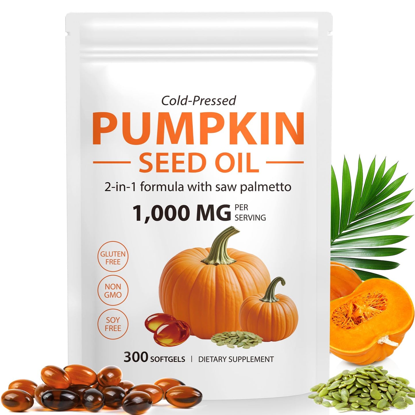 Akeeronn Pumpkin Seed Oil Capsules with Saw Palmetto, 300 Capsules