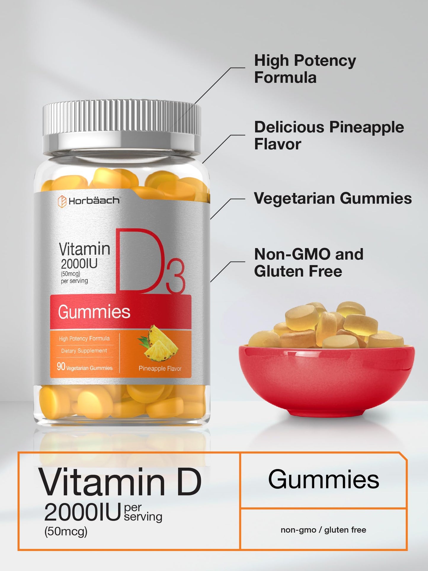 Horbäach Vitamin D3 2000 IU Gummies 90 Count