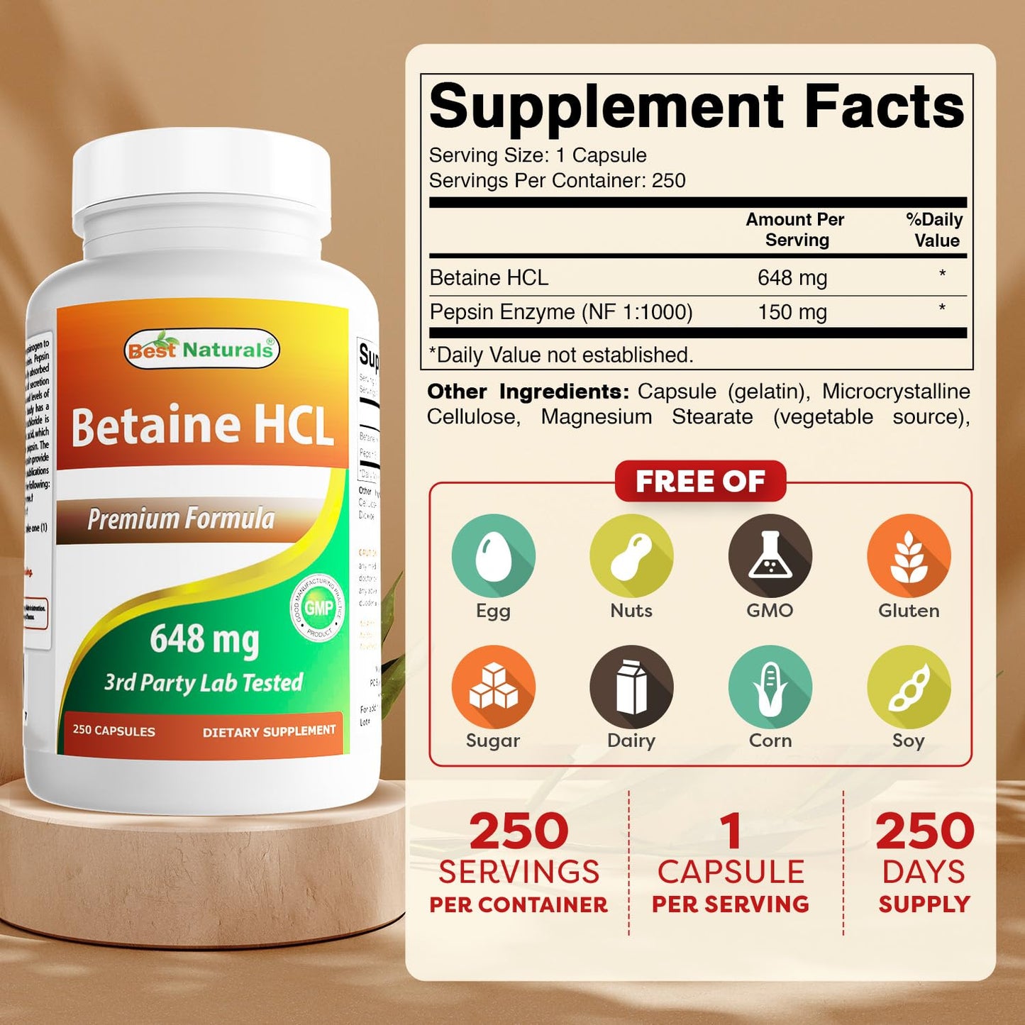 Best Naturals Betaine HCl 648 mg Capsules, 500 Count