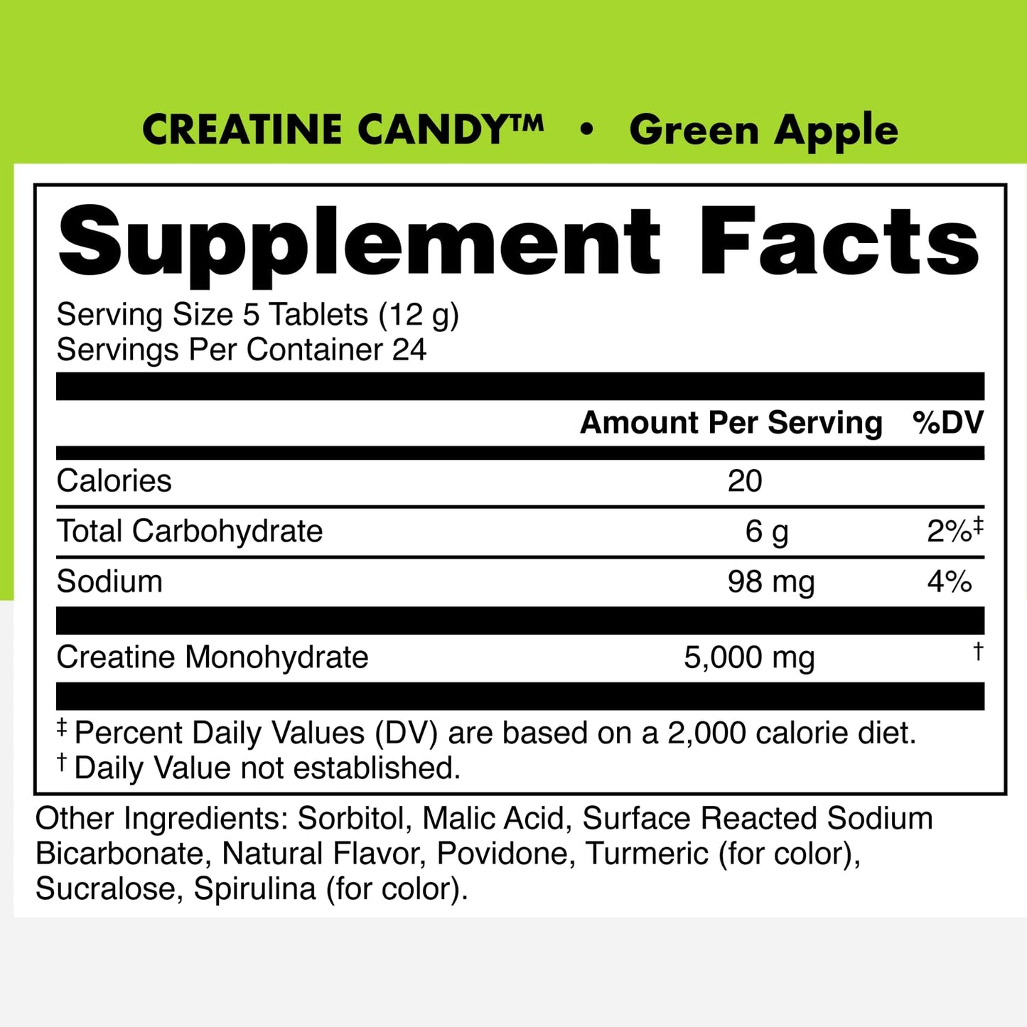 Bucked Up Creatine Candy Green Apple Tablets, 24 Count