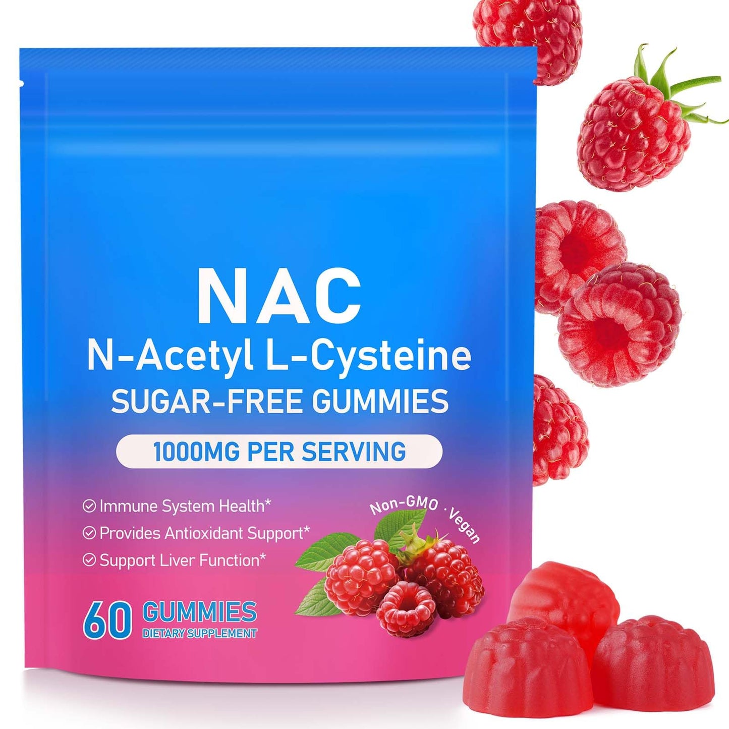 Vceeoy NAC Gummies 1000mg for Kids & Adults, Sugar-Free N-Acetyl L-Cysteine NAC Supplement Gummies for Immune Support, 60 Gummies