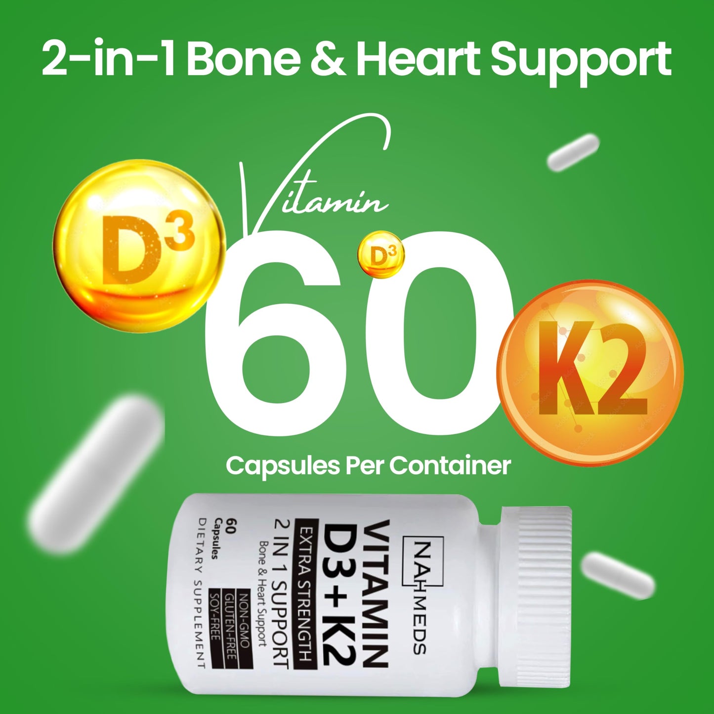 NAhmeds Vitamin D3 + K2 Extra Strength Capsules, 60 Capsules