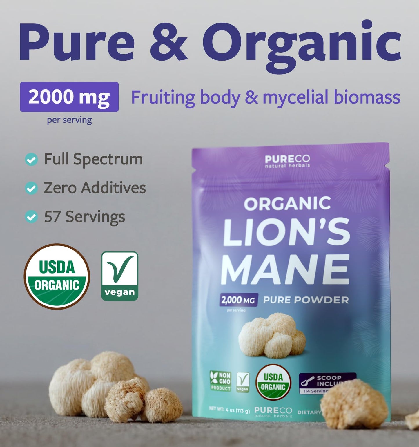 PURE CO USDA Organic Lion's Mane Mushroom Powder 4 Ounce