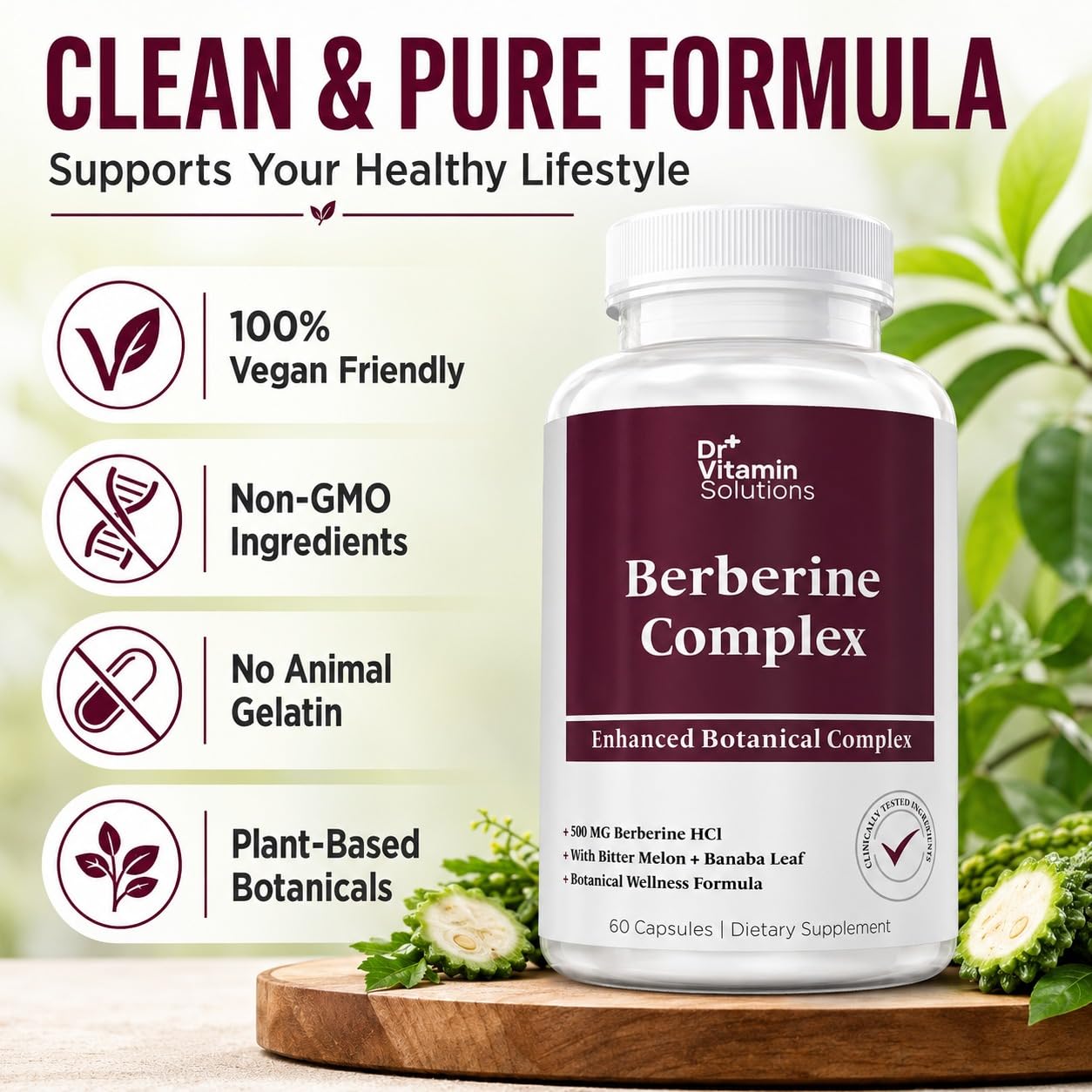 DR VITAMIN SOLUTIONS Berberine HCl 500mg Supplement with Bitter Melon and Banaba Leaf Extract 60 Capsules