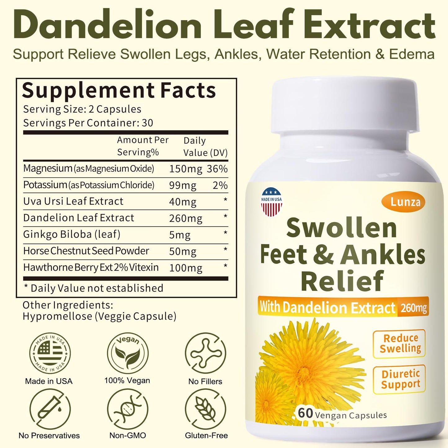 Netrca Swollen Feet and Ankles Relief with 260mg Dandelion, Edema Relief for Legs, Feet & Ankles, Water Retention, Fast-Acting Formula, Natural Ingredients, 120 Capsules