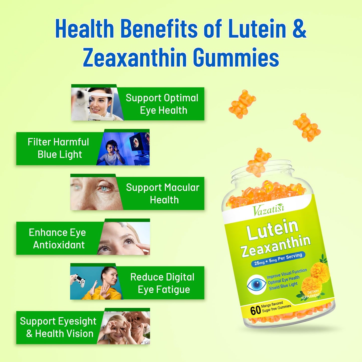 Vazatisi Eye Vitamins Lutein & Zeaxanthin Gummies Mango Flavored, 60 Count