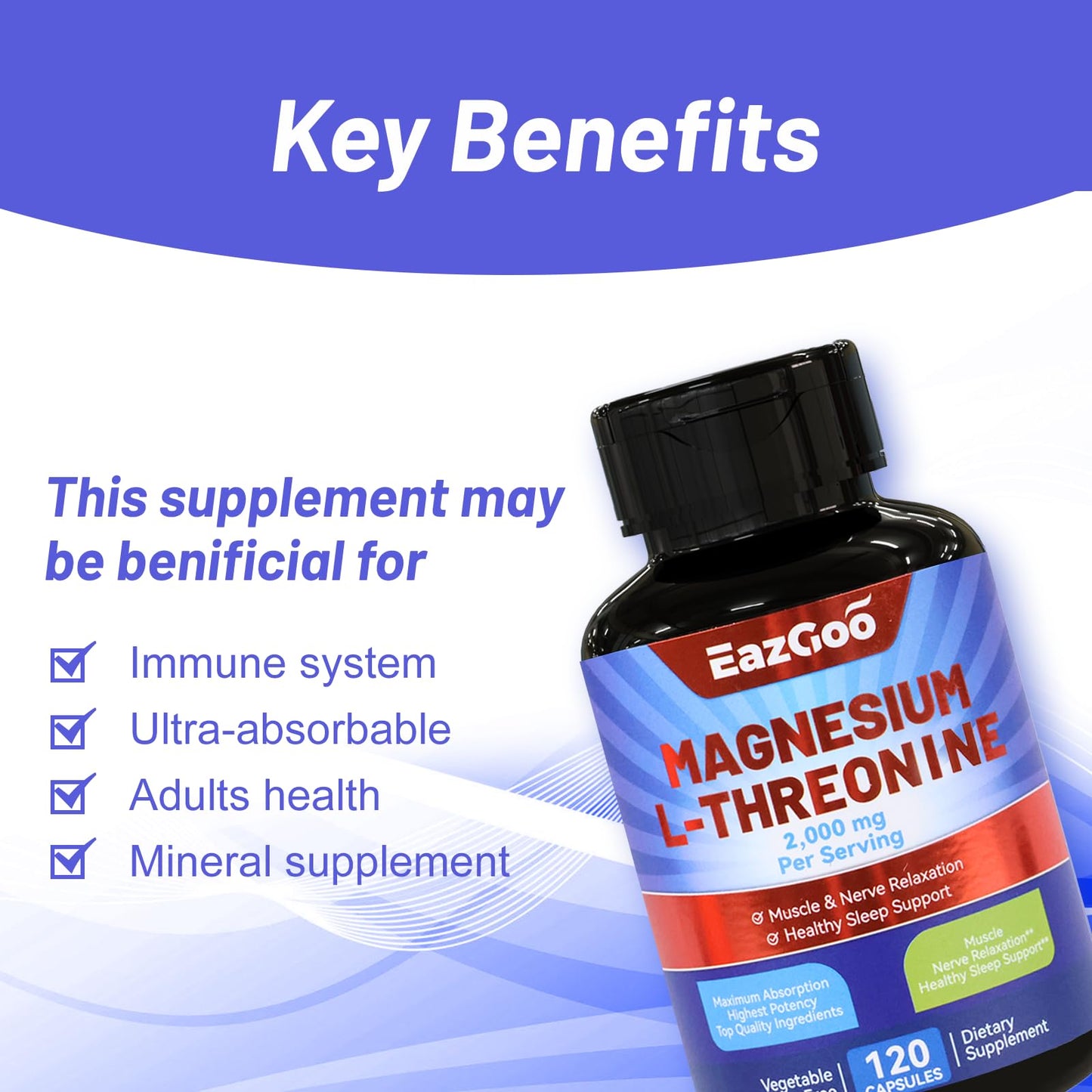 EAZGOO Magnesium L-Threonine Supplement, 120 Capsules