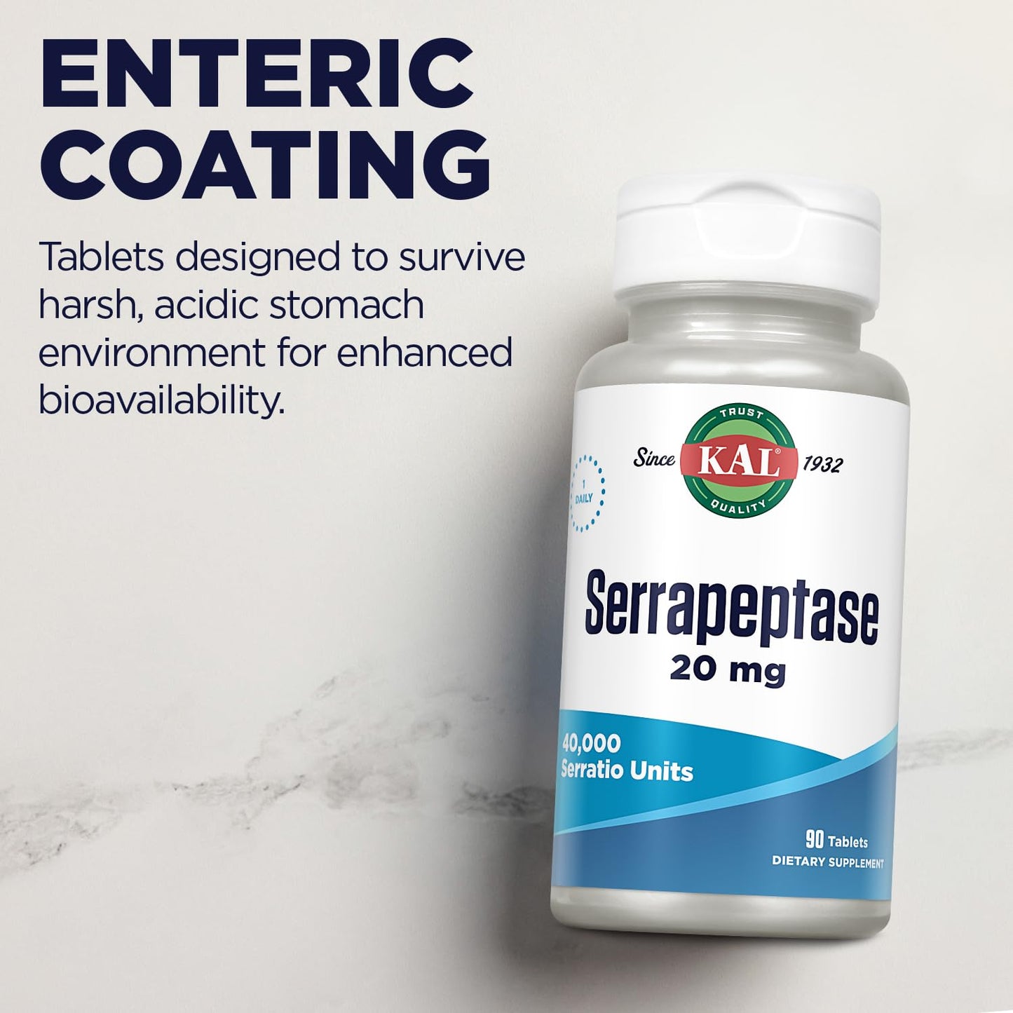 KAL Serrapeptase 20 mg Tablet - Proteolytic Digestive Enzymes for Digestive Health Support, 40,000 Serratio Units, Enteric Coated, 90 Tablets