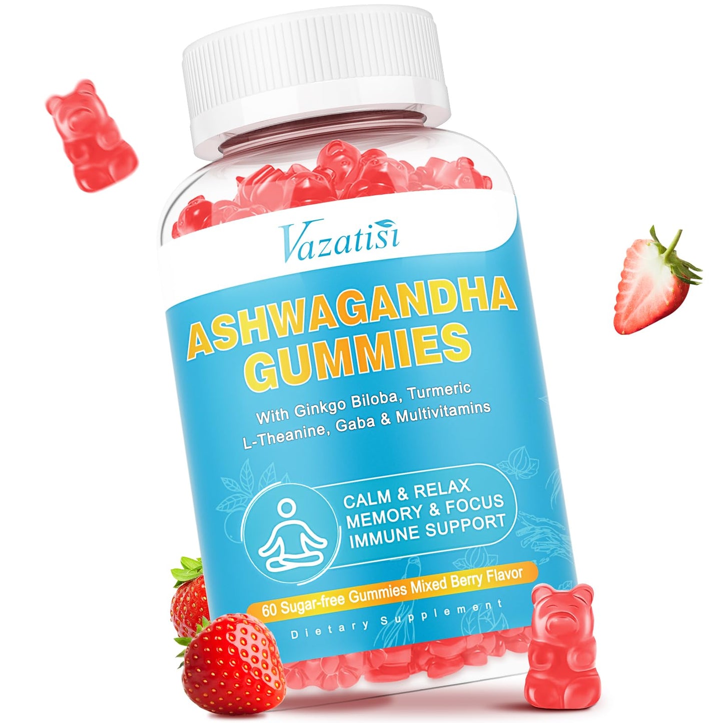 Vazatisi Ashwagandha Gummies with Turmeric GABA Mood Energy and Immune Support, Mixed Berry Flavor, 60 Gummies