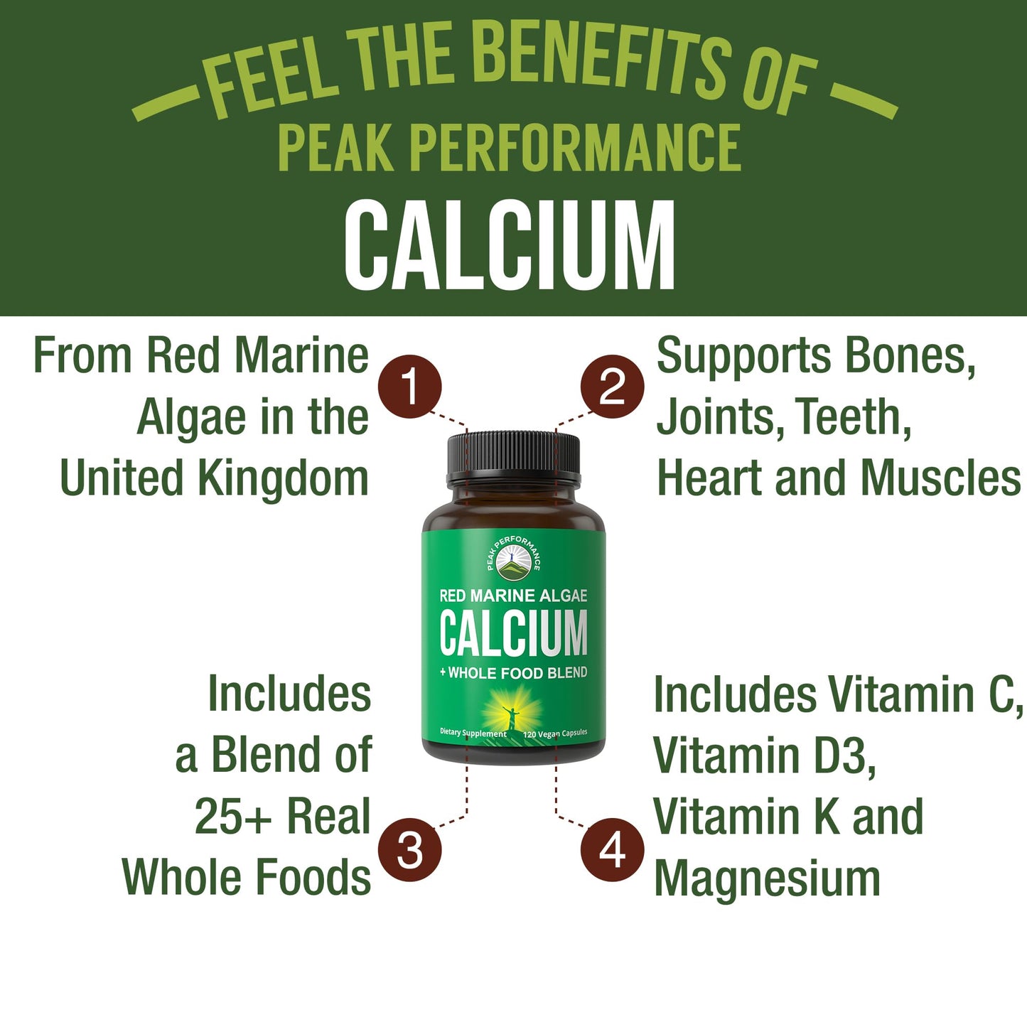 Peak Performance Plant Based Calcium Red Marine Algae Capsule, 120 Count