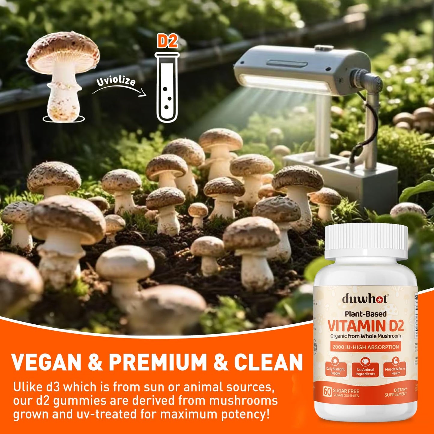 duwhot Vitamin D2 Gummies 2000 IU, Plant-Based D2 Vitamin Supplement from Whole Mushroom, Immune Support, Daily Sunshine Supply, Vegan, Non-GMO, Orange, 120 Gummies