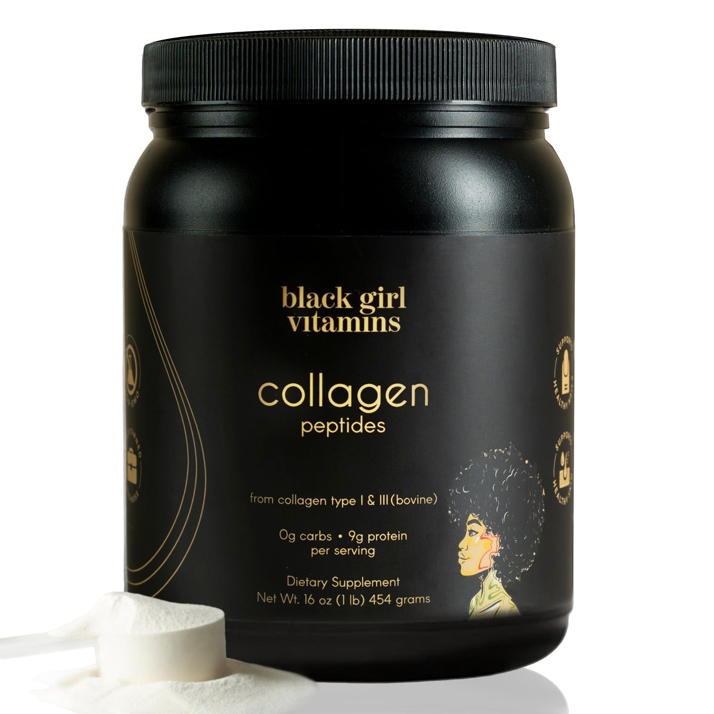 Black Girl Vitamins Collagen Peptides Powder - Unflavored Hydrolyzed Collagen, Dairy-Free & Gluten-Free, 16 oz