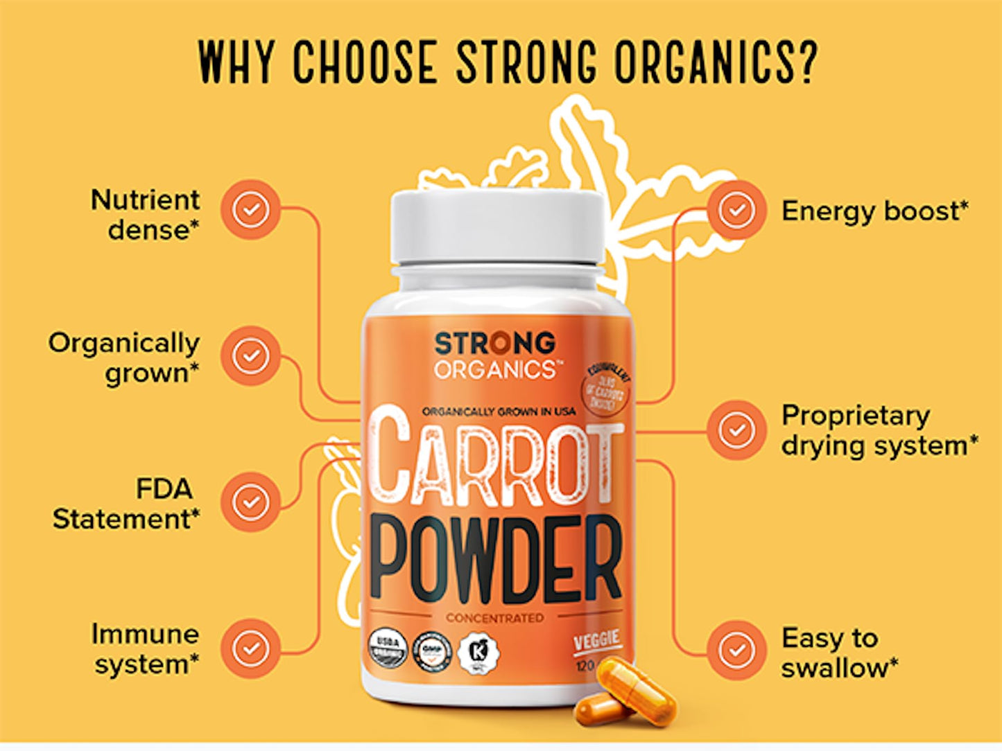Strong Organics Organic Carrot Juice Powder USA Grown Capsule, 120 Count