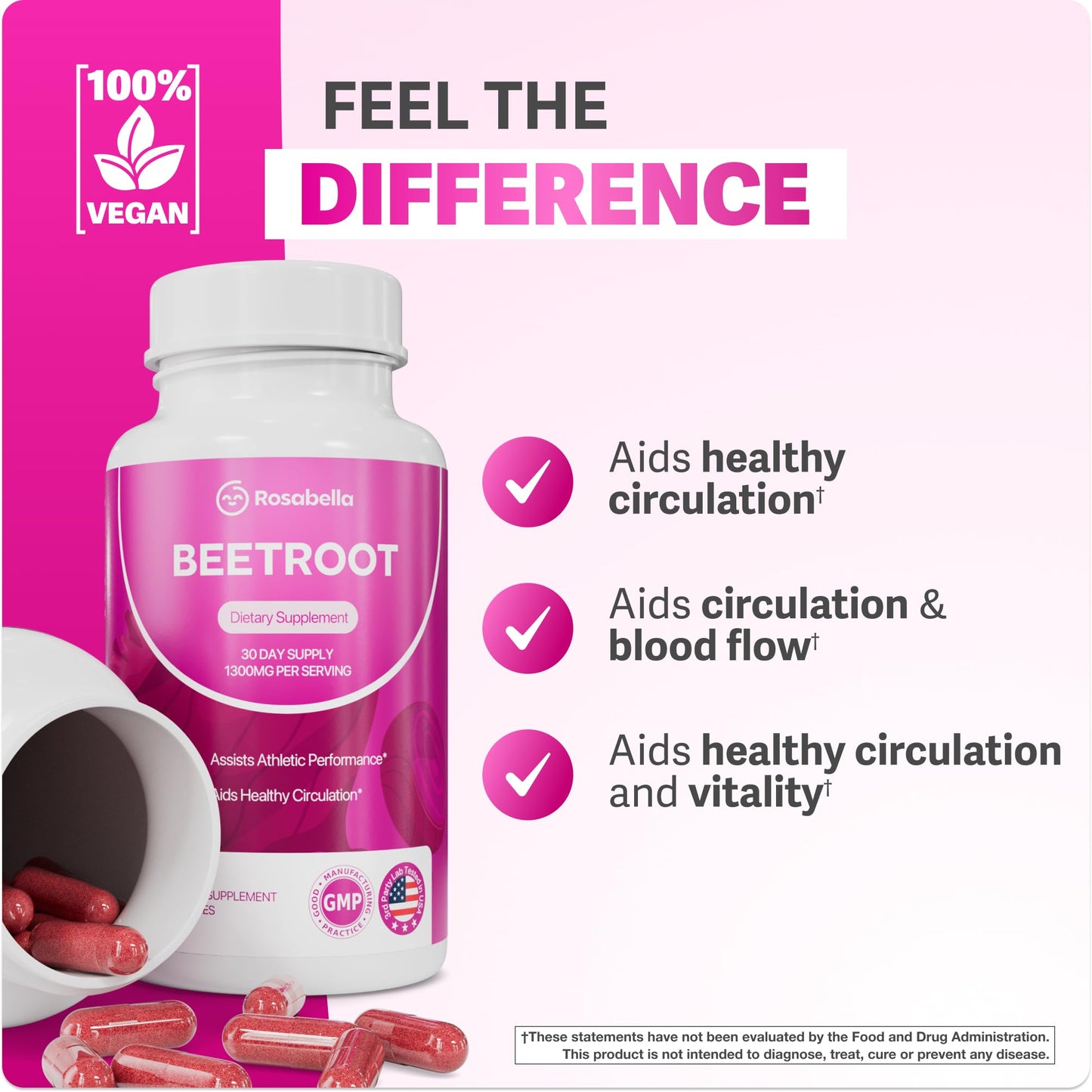 Rosabella Beet Root Capsules 1300mg Beet Root Powder, 60 Capsules