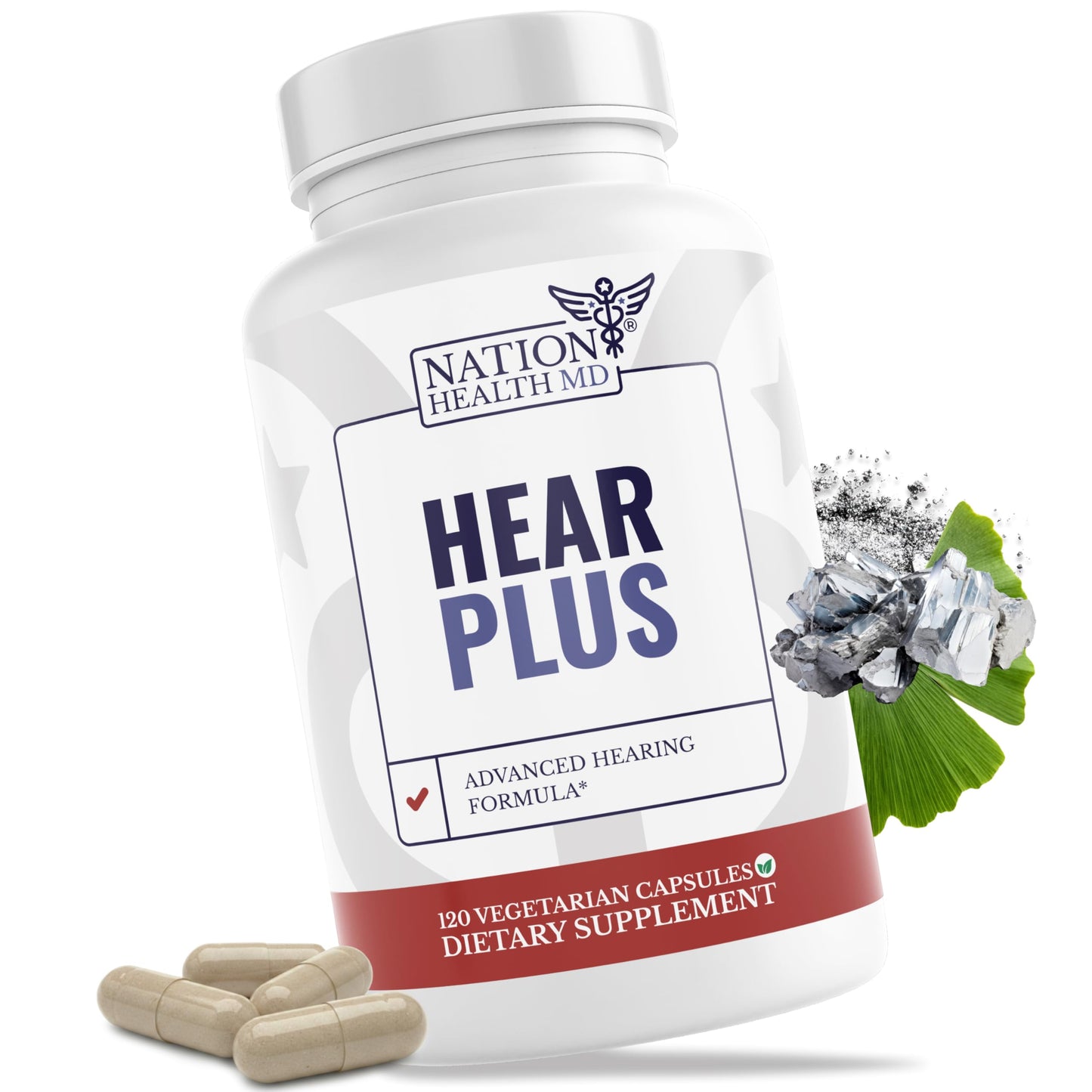 NATION HEALTH MD Hear Plus - Tinnitus Supplement - Advanced Hearing Formula for Ringing Ears with Ginkgo Biloba, Pine Bark Extract & Magnesium, 120 Capsules