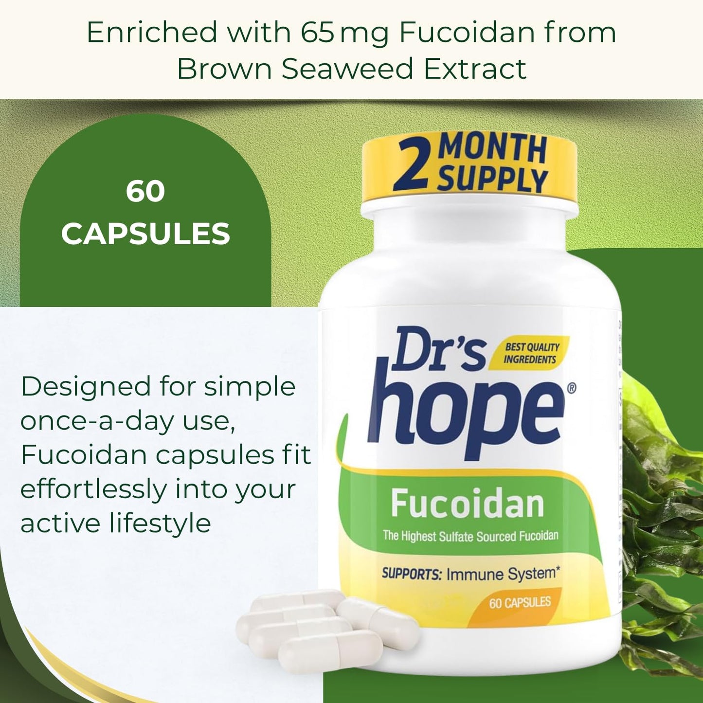 Dr’s Hope Fucoidan 65mg with Brown Seaweed Extract and Antioxidant Properties for Gut, Immune, and Heart Wellness 60 Capsules