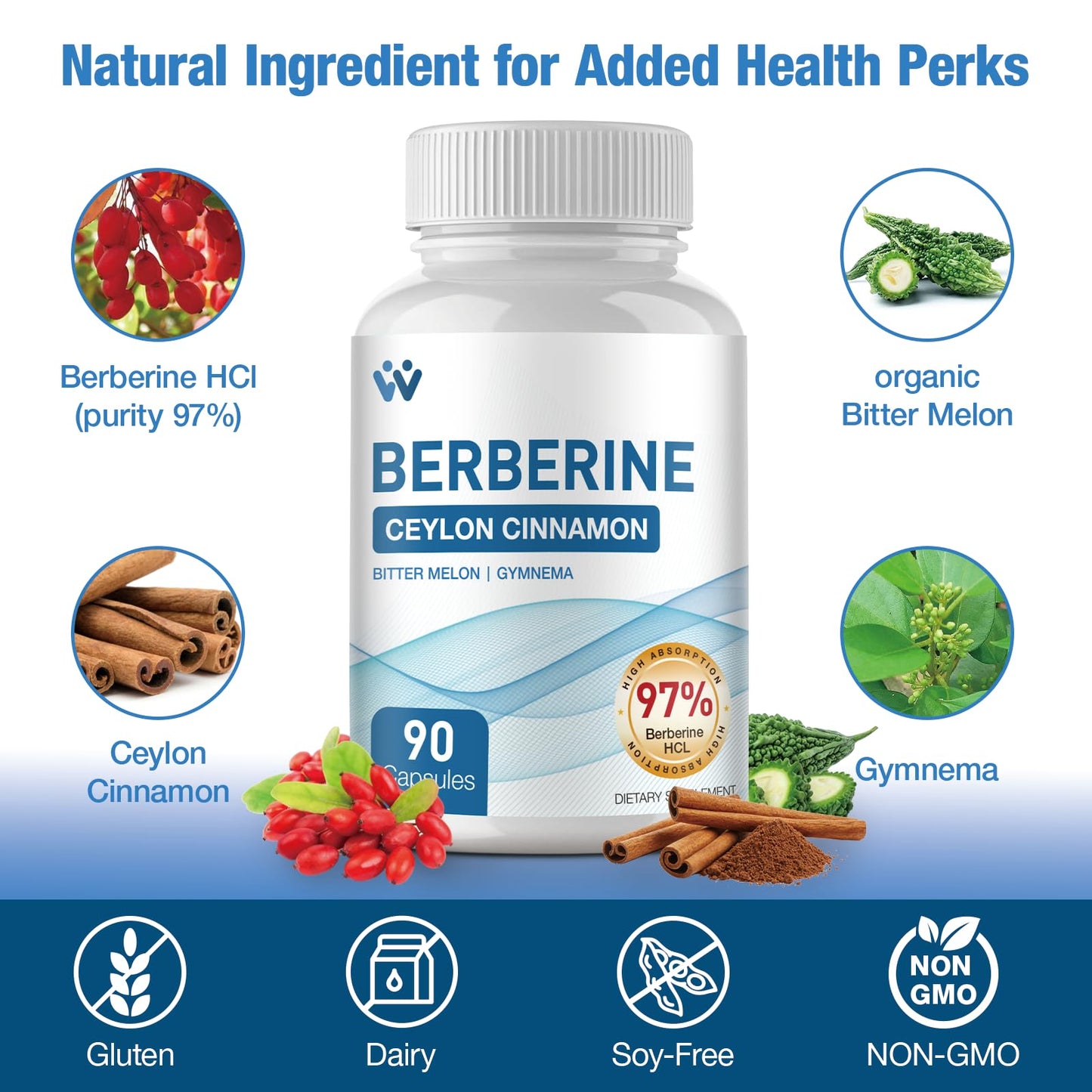 WACHRAY Berberine Supplement 1500mg with Ceylon Cinnamon, Berberine HCl 97% Purity, Non-GMO Vegan Capsules 180