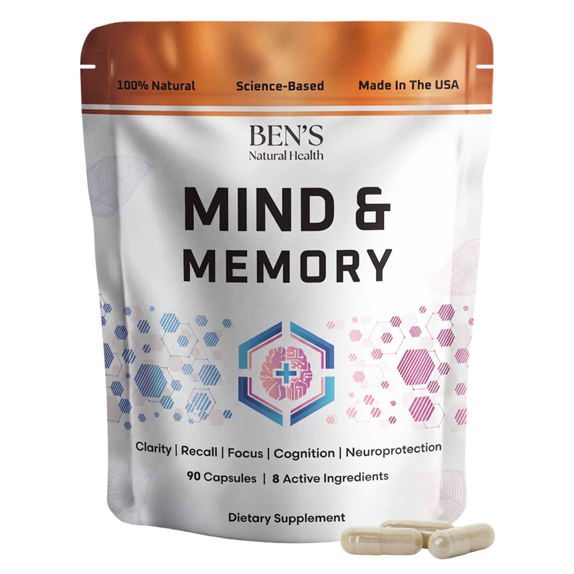 Ben's Natural Health Mind & Memory Supplement, Nootropic Brain Support with Lion’s Mane, Bacopa, Ginkgo and Rhodiola, 90 Capsules