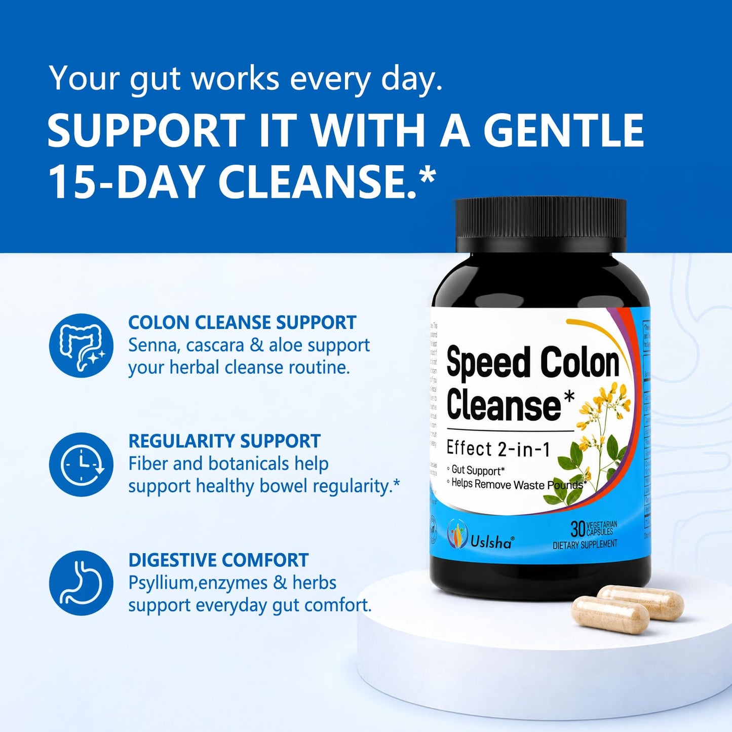 Uslsha Speed Colon Cleanse Advanced 15-Day Gut & Colon Detox Capsule, 30 Count