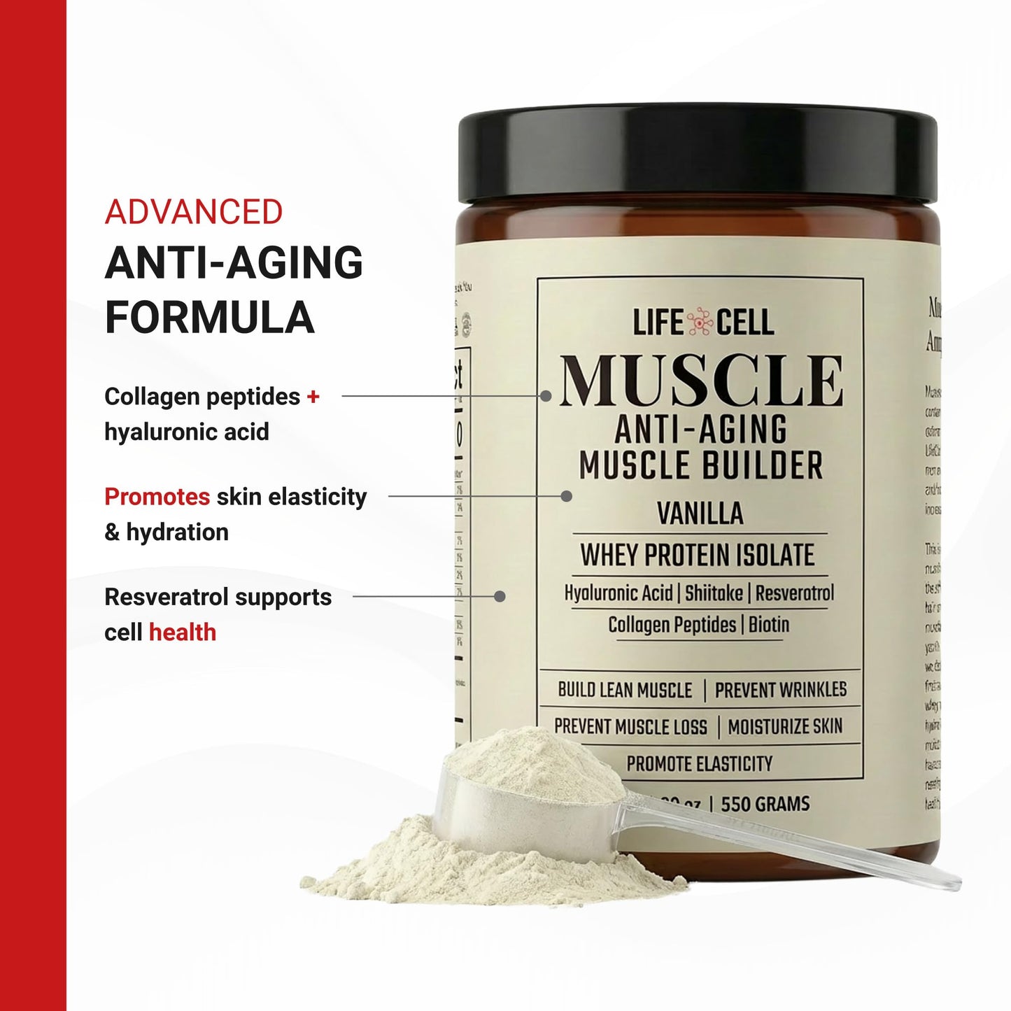 LifeCell Whey Protein Powder – Anti-Aging Muscle Builder with Shiitake Mushroom, Collagen & Hyaluronic Acid – Vanilla, No Sugar Added, Soy-Free, Gluten-Free, 550 g