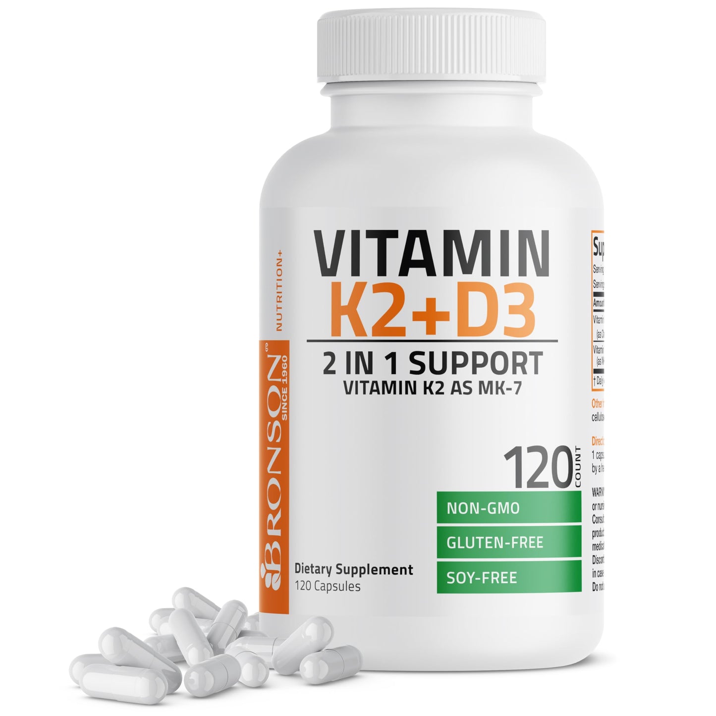 Bronson Vitamin K2 D3 (MK7) Supplement 2-in-1 D3 & K2 Complex Capsule, 120 Count