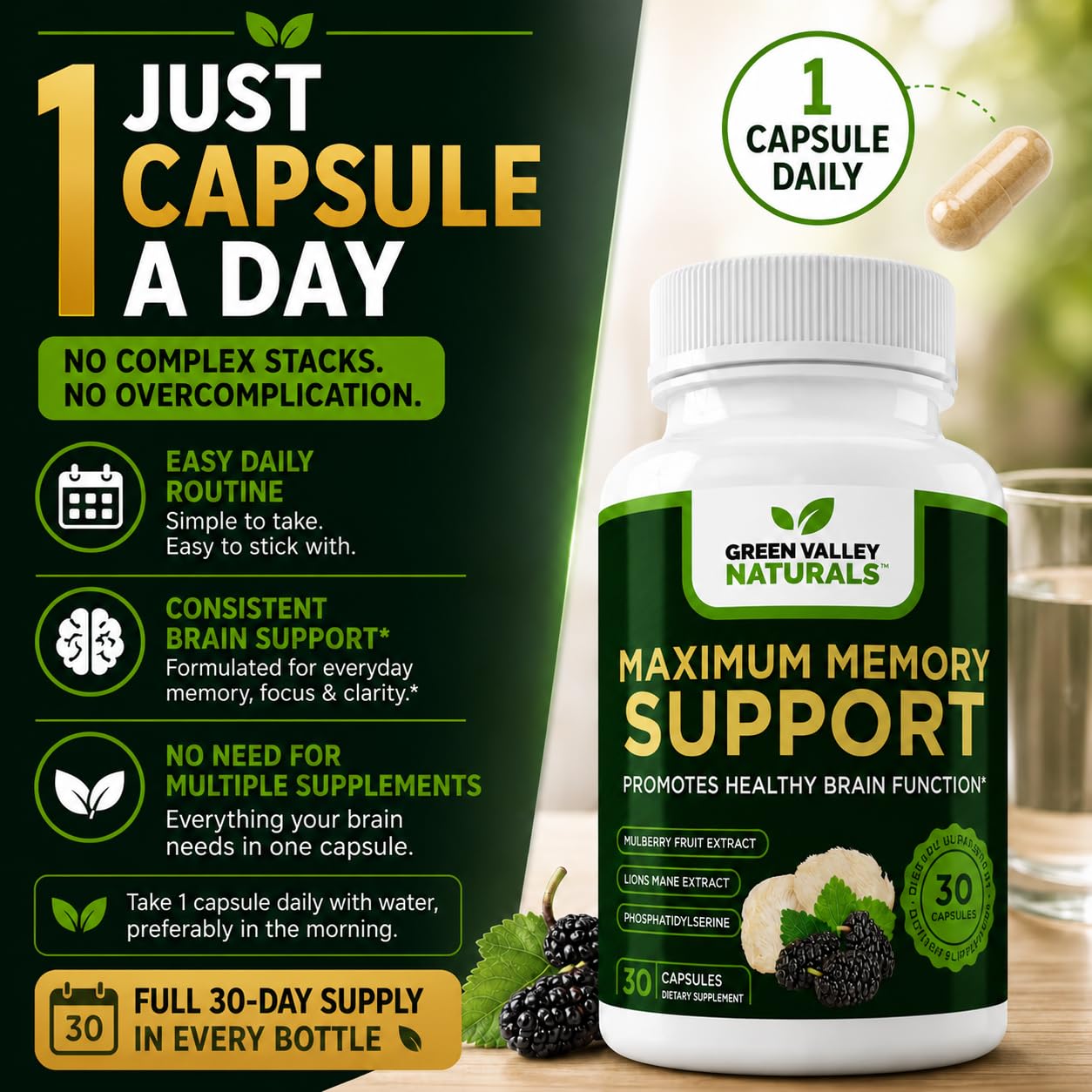 Green Valley Naturals Maximum Memory Support Cognitive Formula with Lion’s Mane, Mulberry, Phosphatidylserine & Methylated B-Vitamins Brain Health & Focus, 30 Capsules