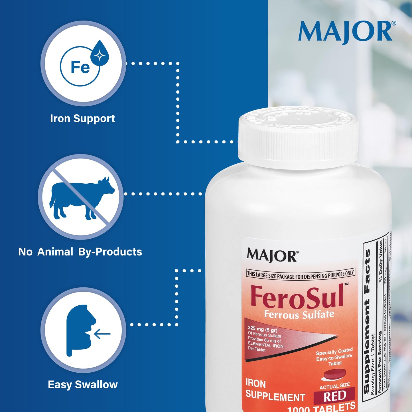 Major Ferosul Ferrous Sulfate 325mg Tablets with 65mg Elemental Iron 100 Count