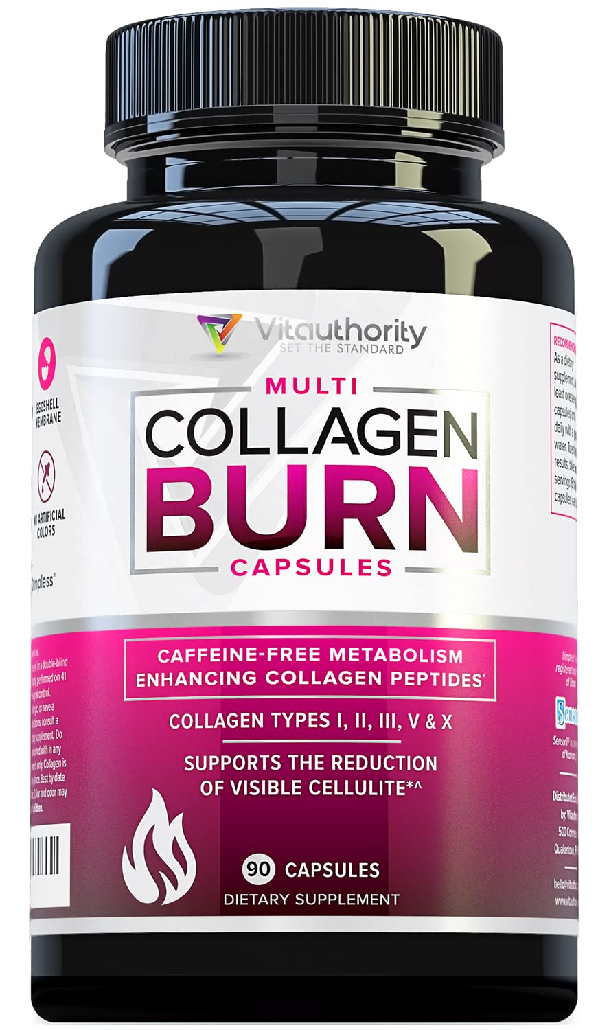 Vitauthority Multi Collagen Burn: Multi-Type Hydrolyzed Protein Peptides with Hyaluronic Acid, Vitamin C, SOD B Dimpless, Types I, II, III, V and X, Caffeine-Free (Unflavored Capsules) 90 Capsules