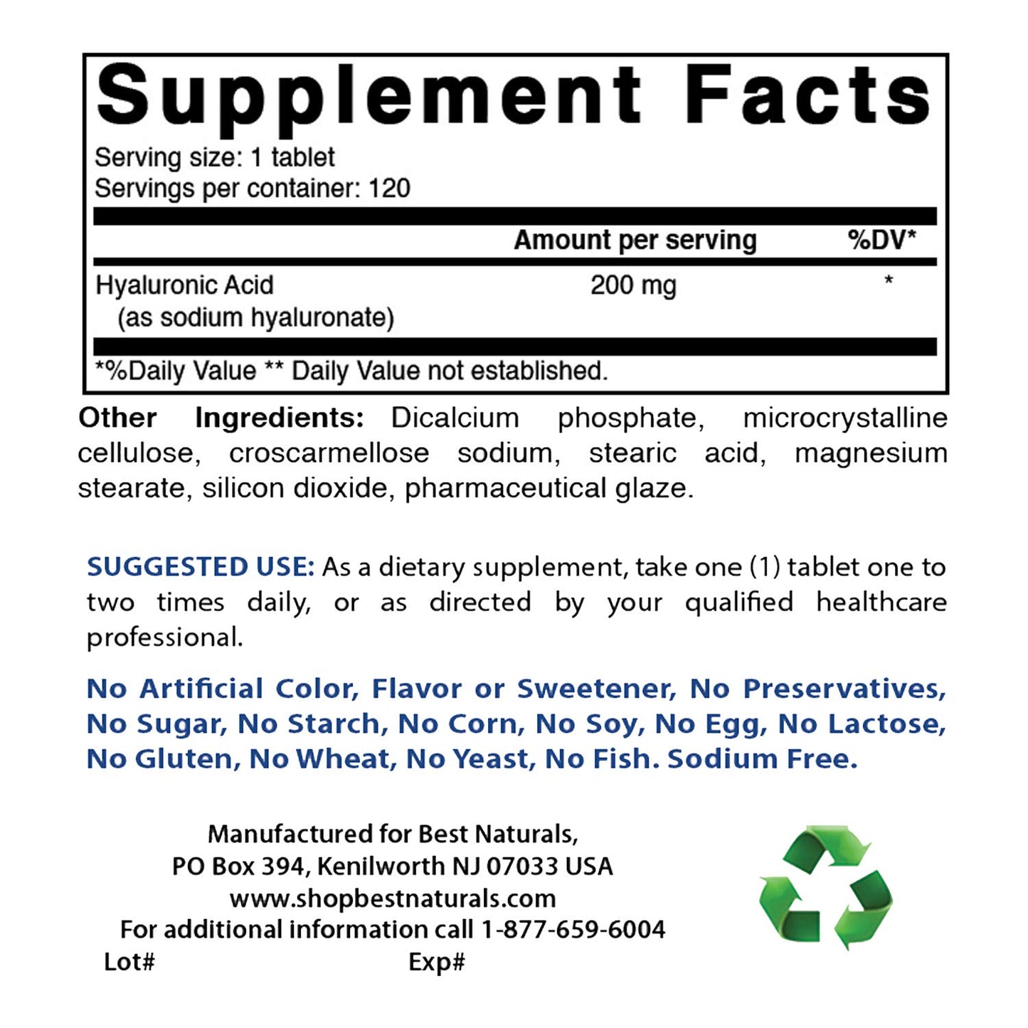 Best Naturals Hyaluronic Acid 200 mg Tablets, 120 Count