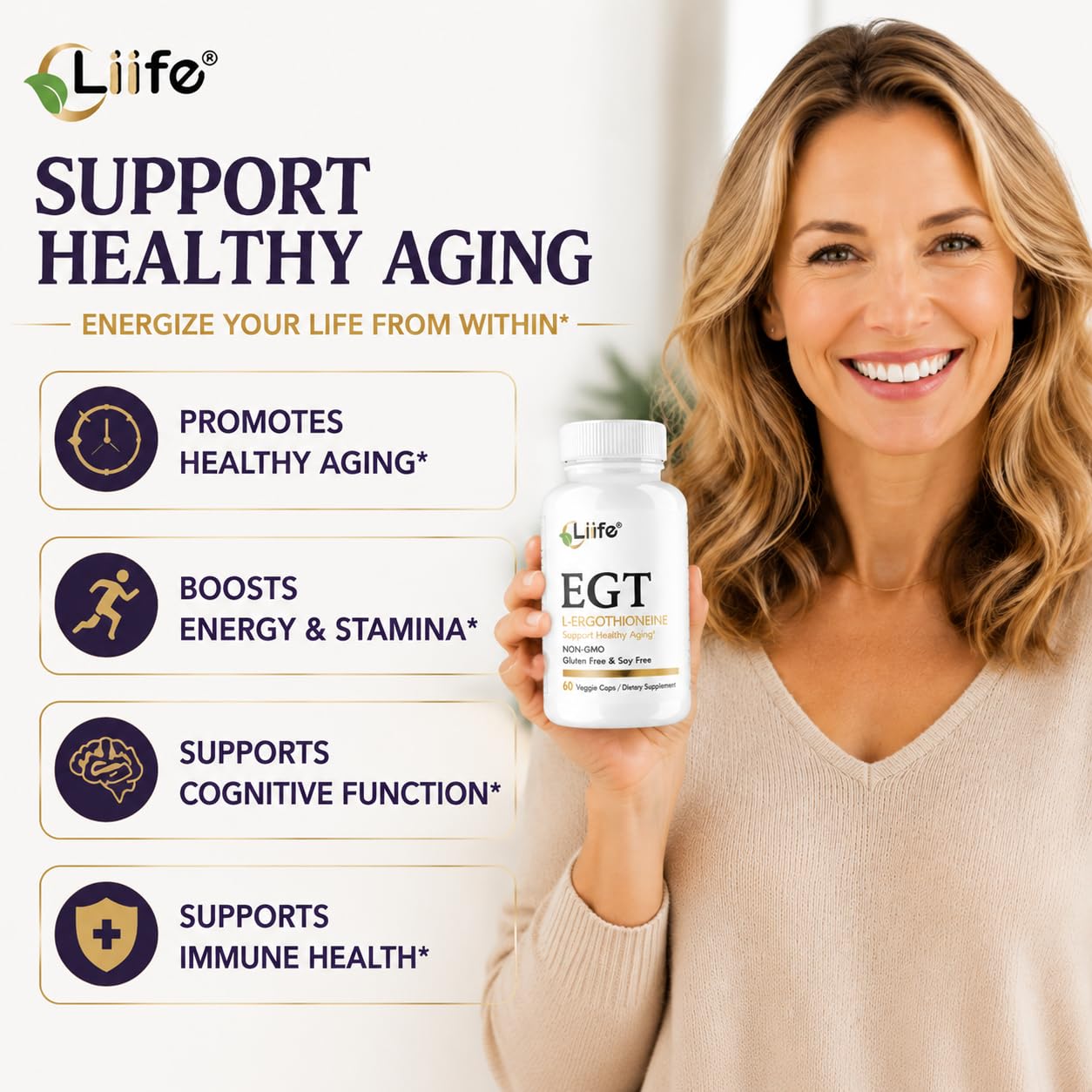LIIFE L-Ergothioneine Supplement (EGT) 30mg, Antioxidant for Longevity and Skin Health, 60 Capsules