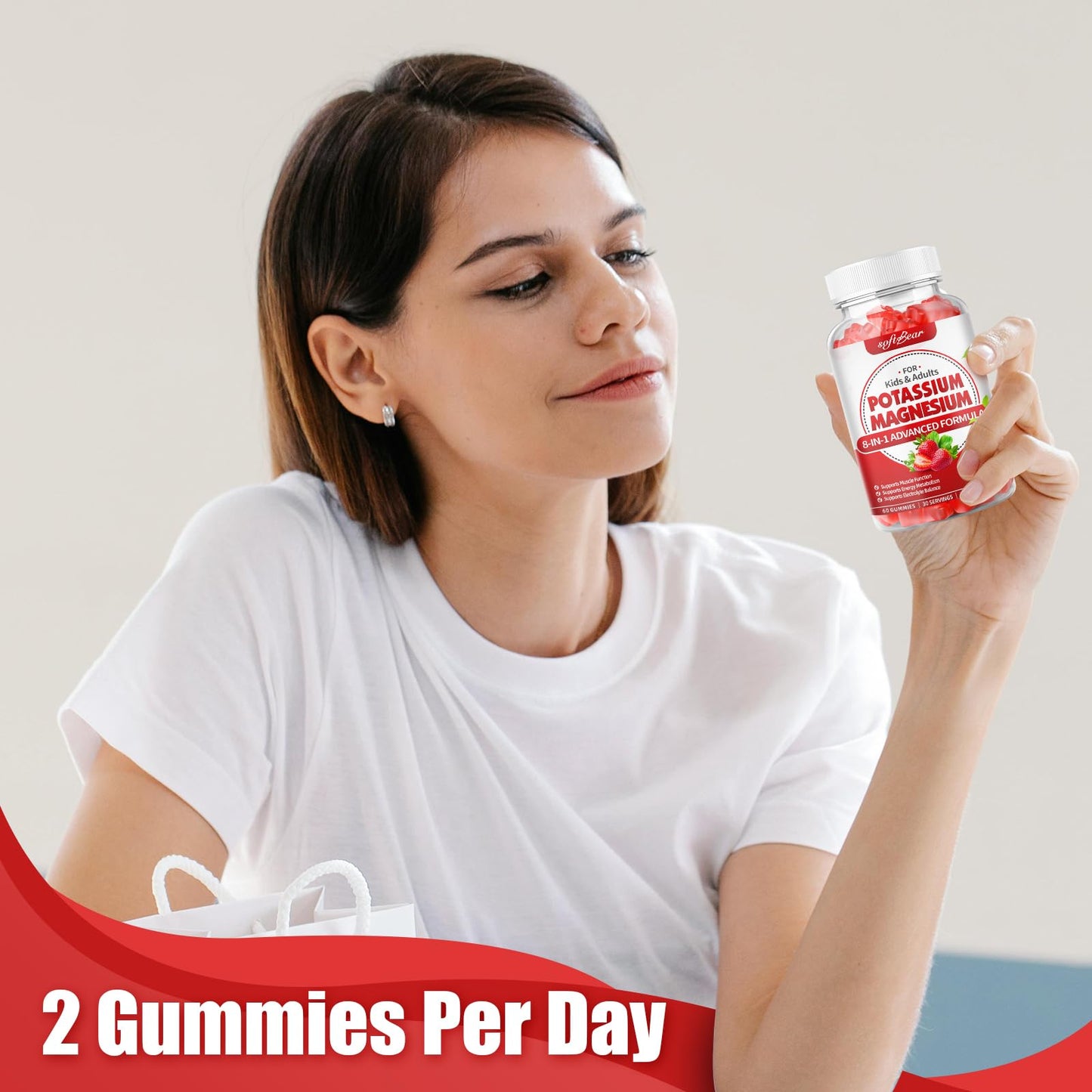 softbear Magnesium Potassium Gummies with Vitamin B6 for Leg Cramps & Muscle Health, Sugar-Free Strawberry, 120 Gummies