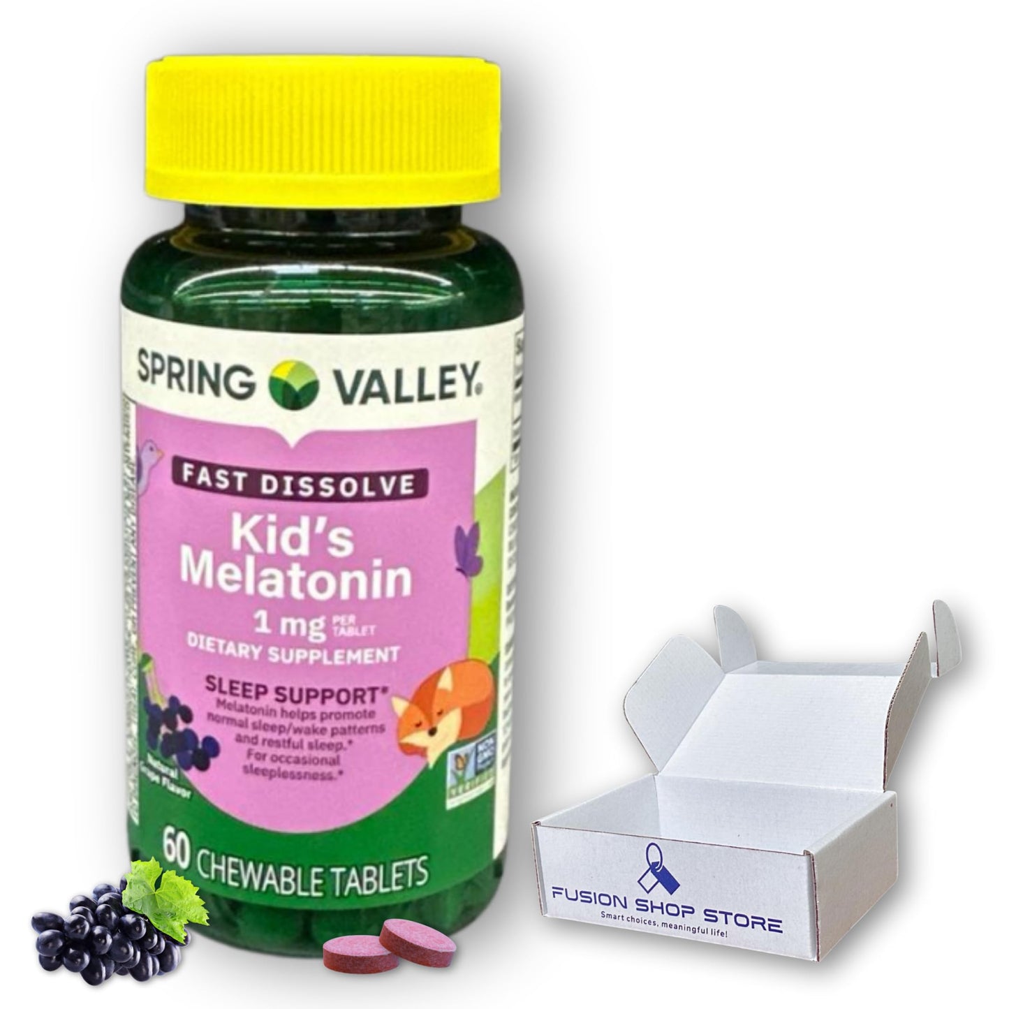 FUSION SHOP STORE Melatonin 1 mg Kids Grape Flavor Chewable Tablets, 60 Tablets