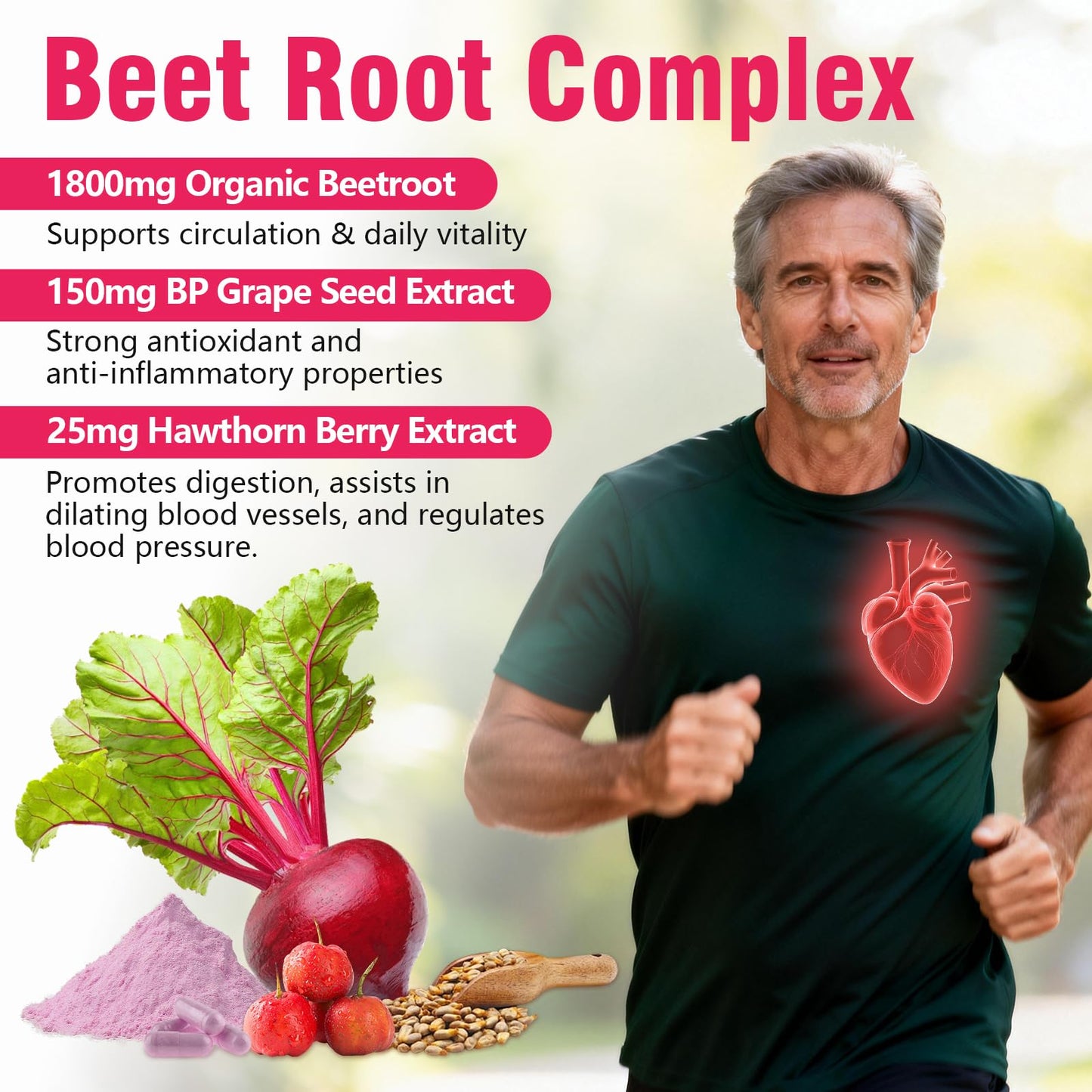 Zhibenon Beet Root Capsules 1800mg Beetroot 20:1 Extract with Grape Seed Hawthorn, Nitric Oxide Booster for Circulation and Heart Health, Non-GMO, Gluten-Free, Vegan, 90 Capsules