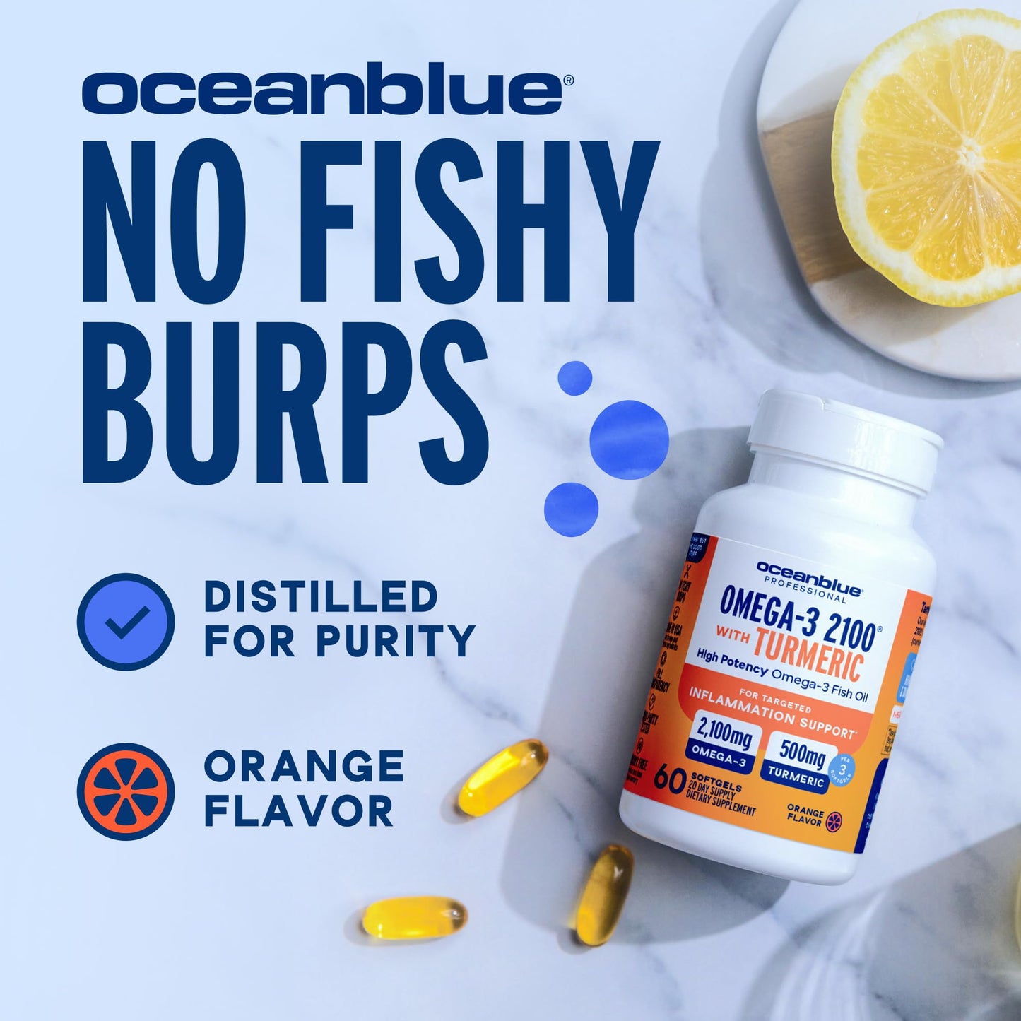Oceanblue Omega-3 2100 w/Turmeric - Triple Strength DPA EPA DHA Omega-3 Supplement - Joint & Heart Support with Curcumin - Burpless Wild-Caught Fish Oil - Orange Flavor, 60 Softgels