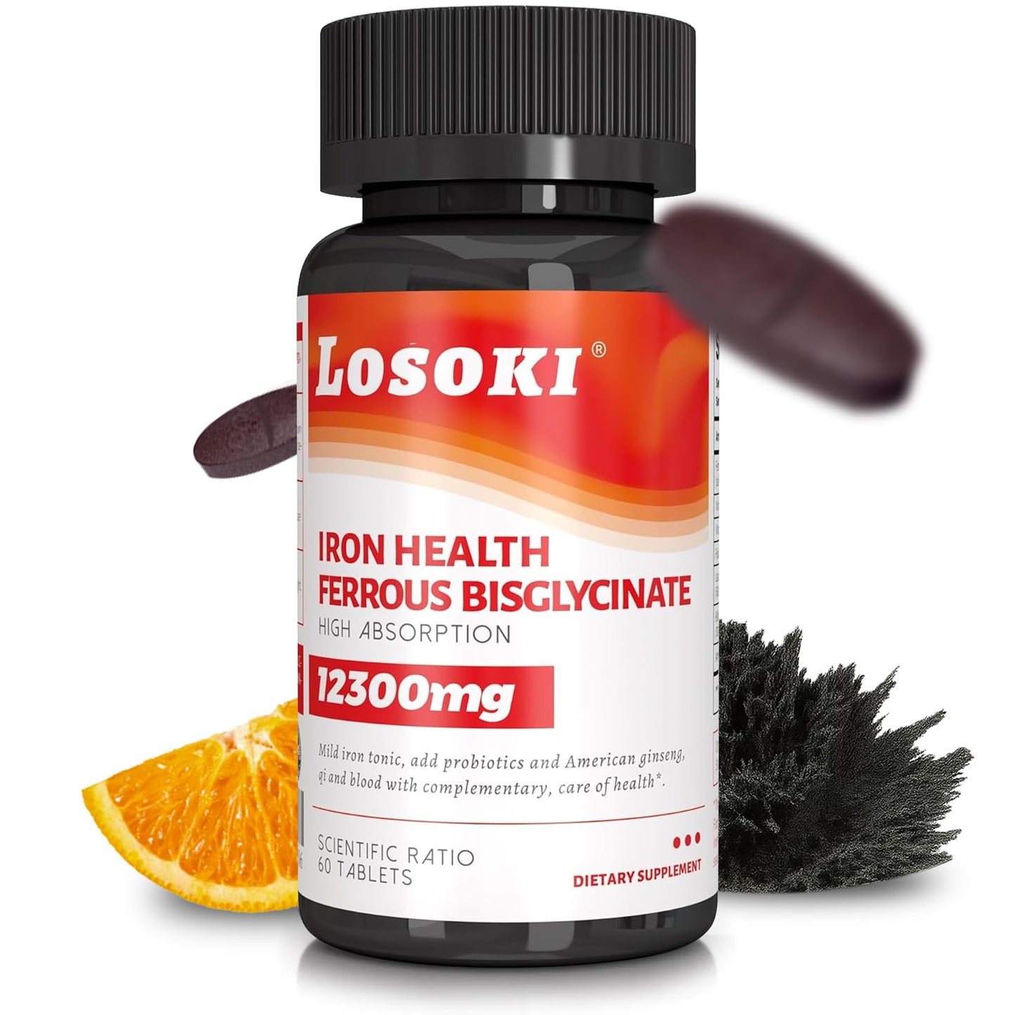 Losoki Iron Bisglycinate 20 mg with Vitamin C, B12, American Ginseng & Probiotics, 60 Tablets