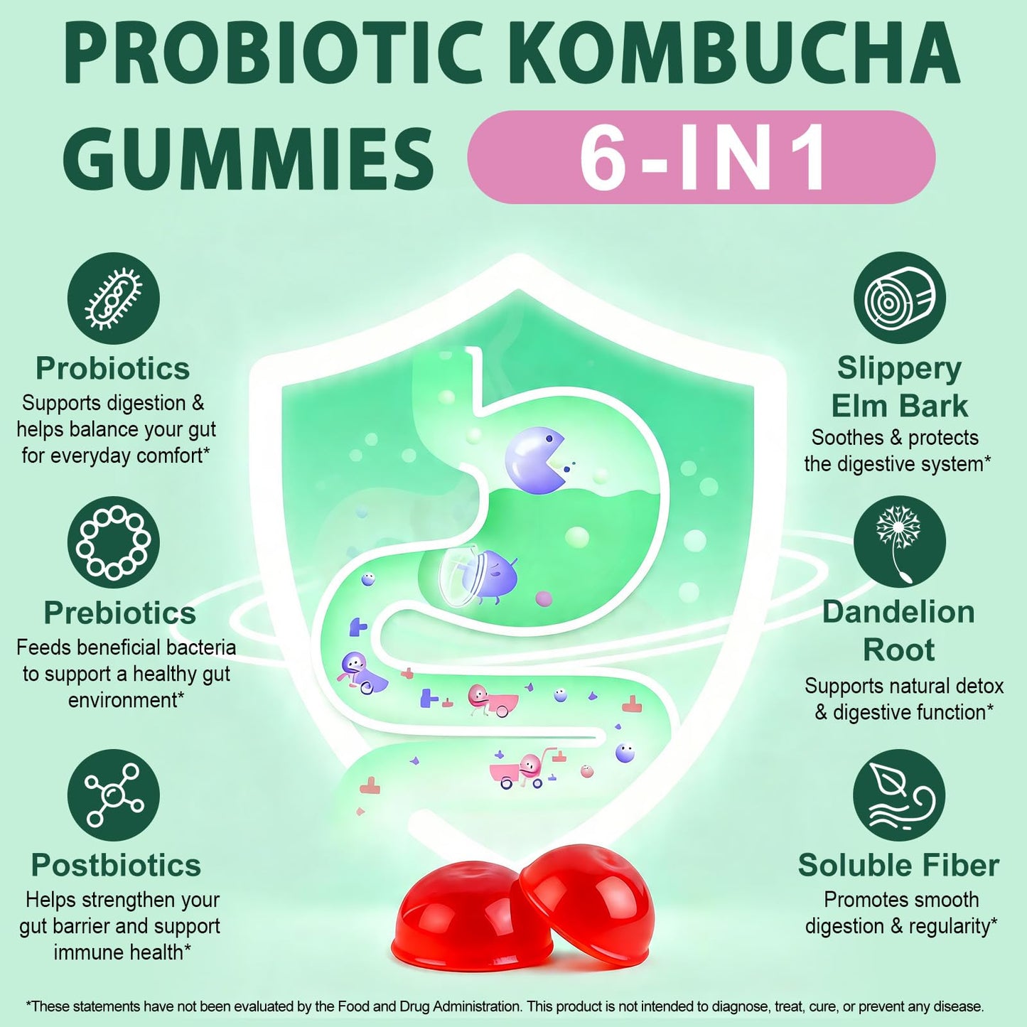 YJDHRPBI Probiotic Kombucha Gummy for Women, Prebiotics, Probiotics & Postbiotics, Fiber Supplement, Dandelion Root, Health Bloating Metabolism Support, for Bloating & Gut Health 90 Capsules