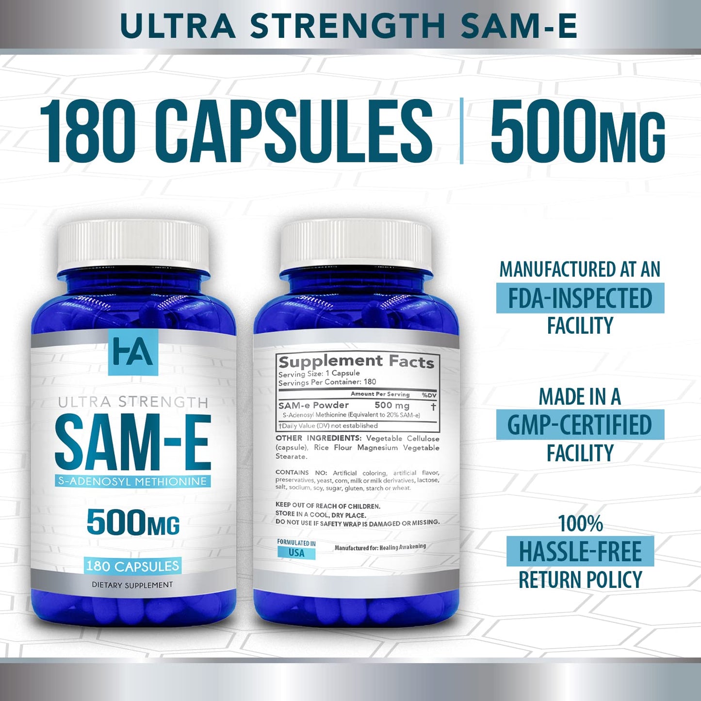 Generic SAMe 500mg Capsule, S-Adenosyl Methionine, 180 Capsules