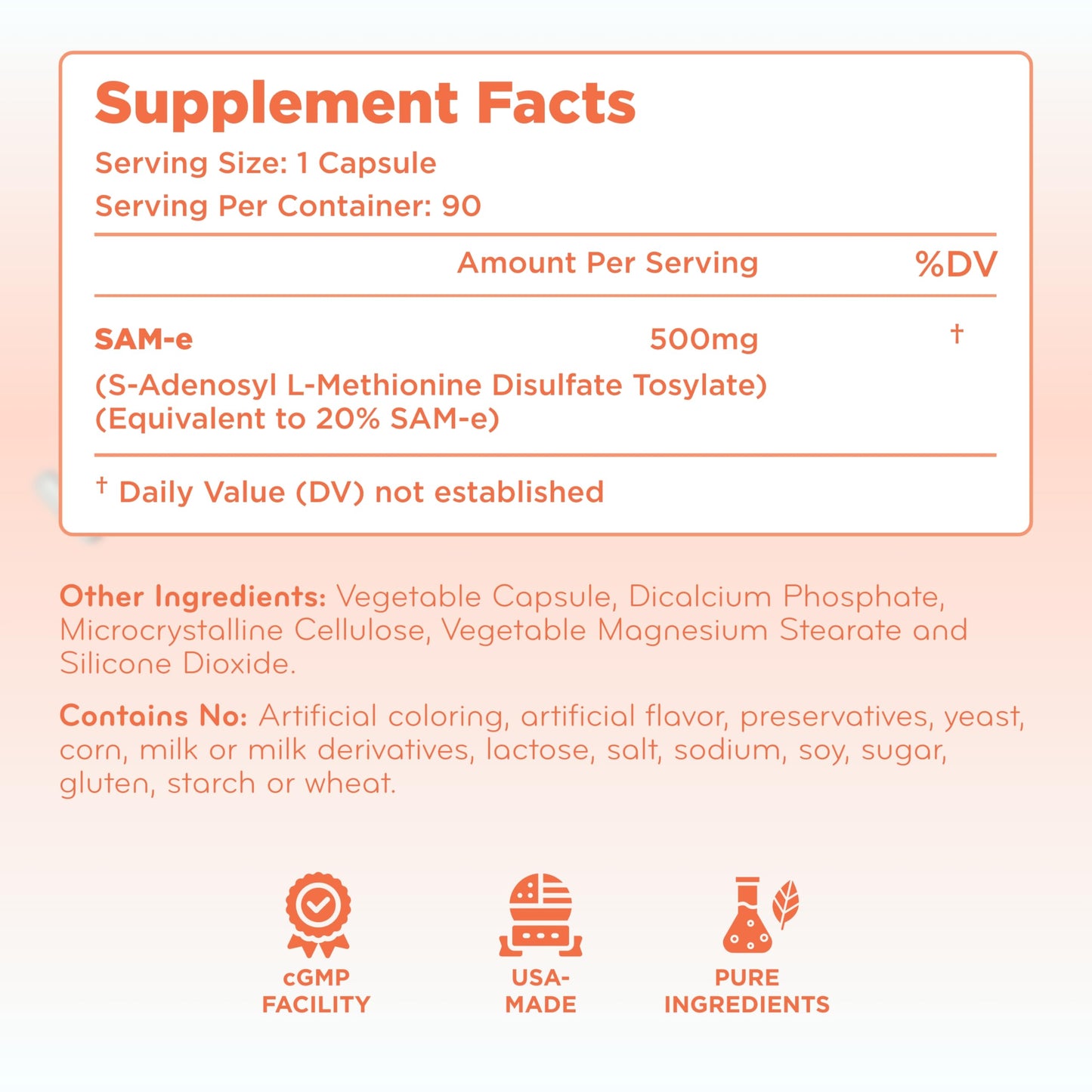 Clear Formulas SAMe 500mg S-Adenosyl-L-Methionine Capsule, 90 Count