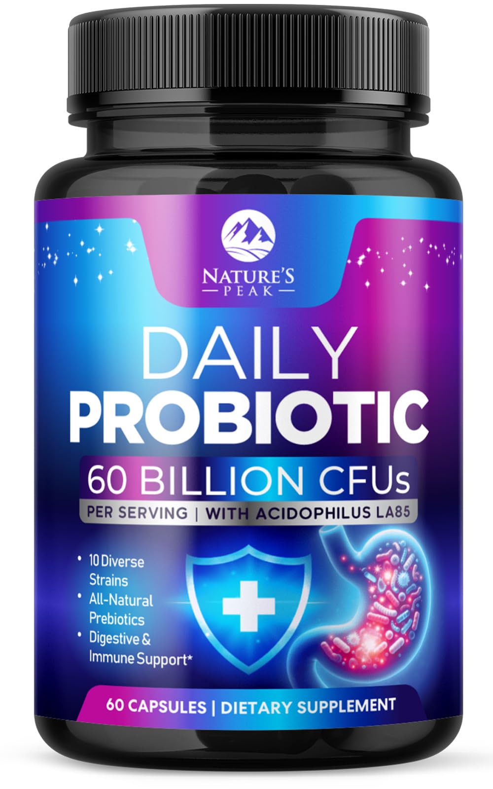 Nature's Peak Probiotics 50 Billion CFU Per Serving - 10 Premium Strains + Digestive Enzymes & Prebiotics, 60 Capsules