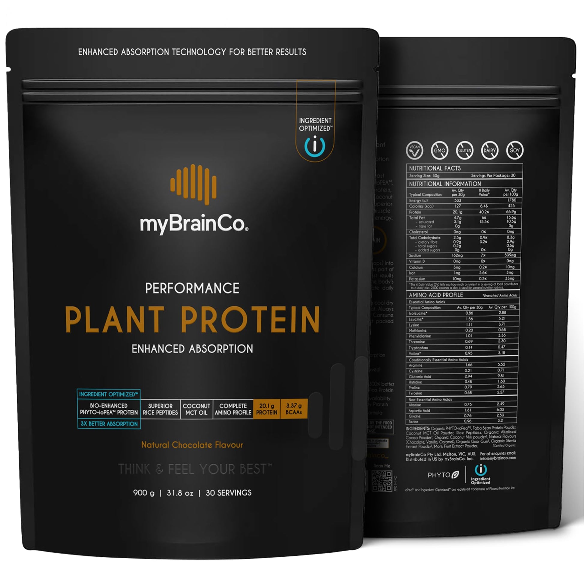 myBrainCo. Bio-Optimized Plant Protein Powder, 15.9 oz, Natural Chocolate