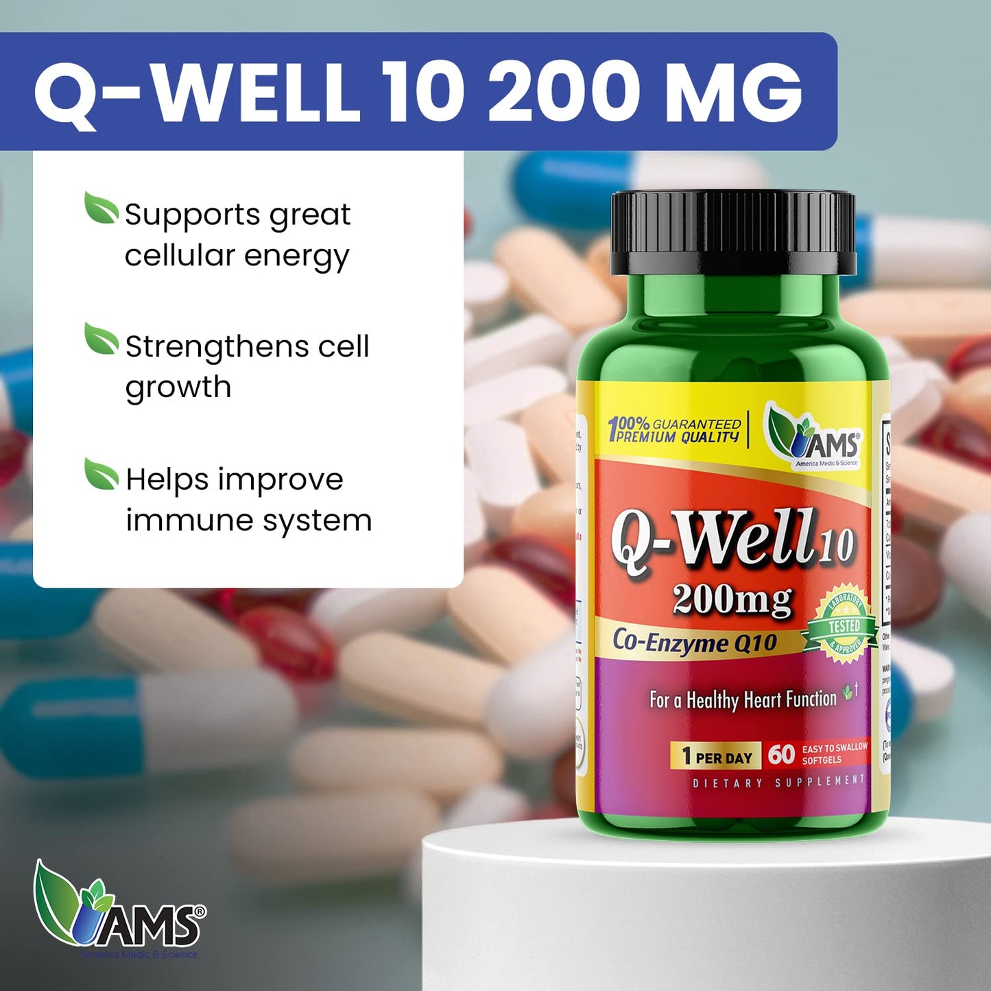 America Medic & Science Q-Well-10 CoQ10 200mg Softgels, 60 Count