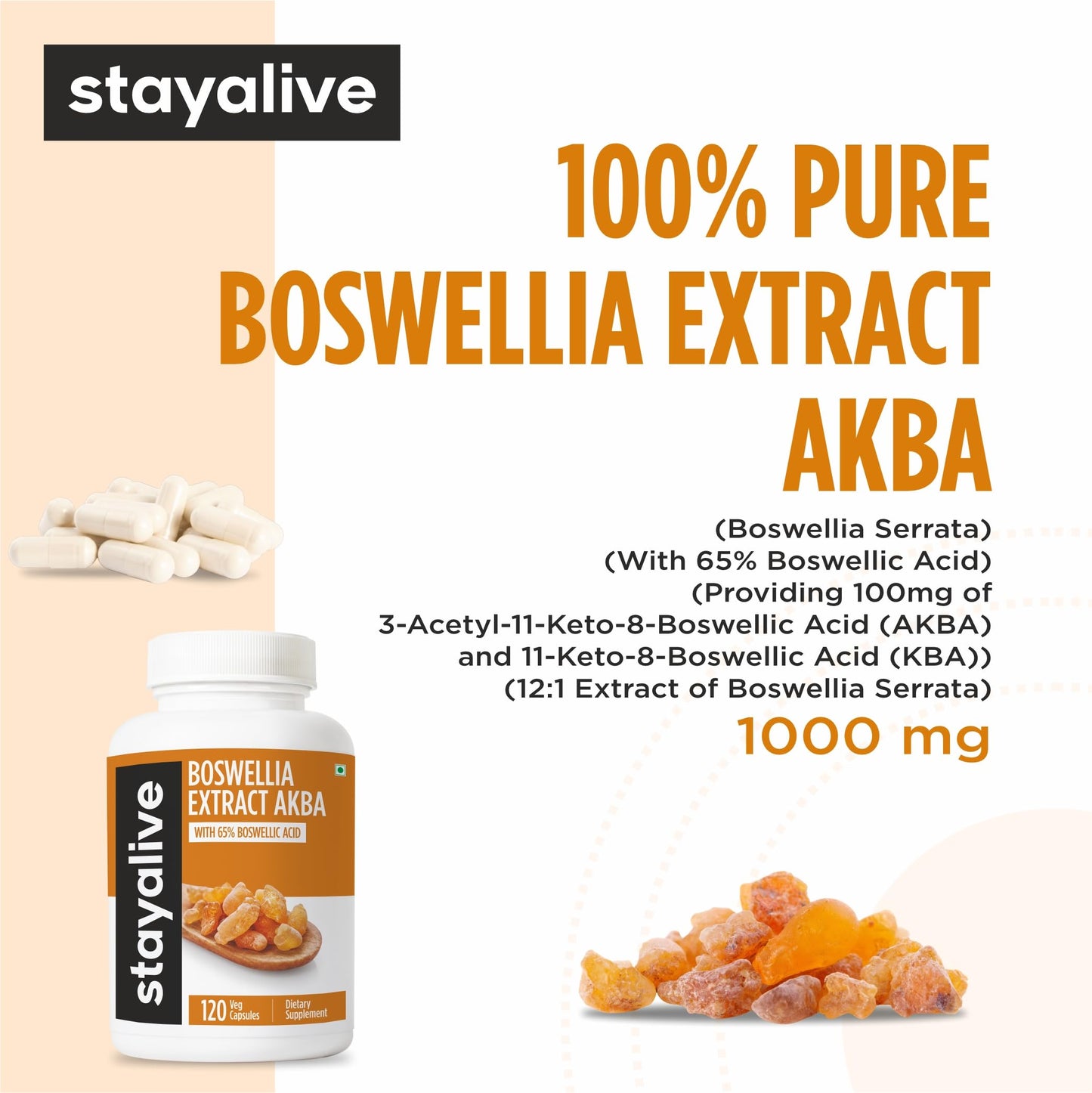 STAY ALIVE Boswellia Serrata Extract Capsules 1000mg with AKBA and 65% Boswellic Acid, 12:1 Resin Extract Powder, 120 Count