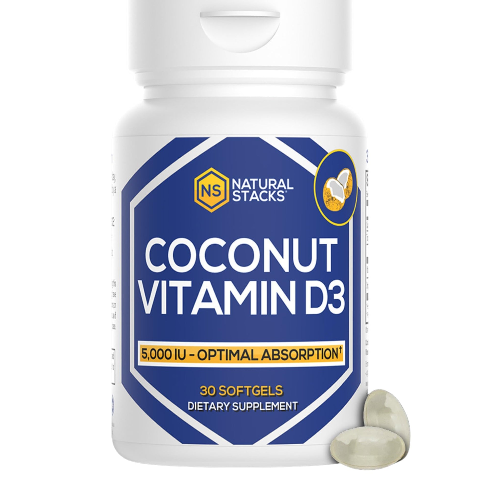 Natural Stacks Vitamin D3 5000 IU with Coconut Oil for Optimal Absorption, Capsules, 30 Count