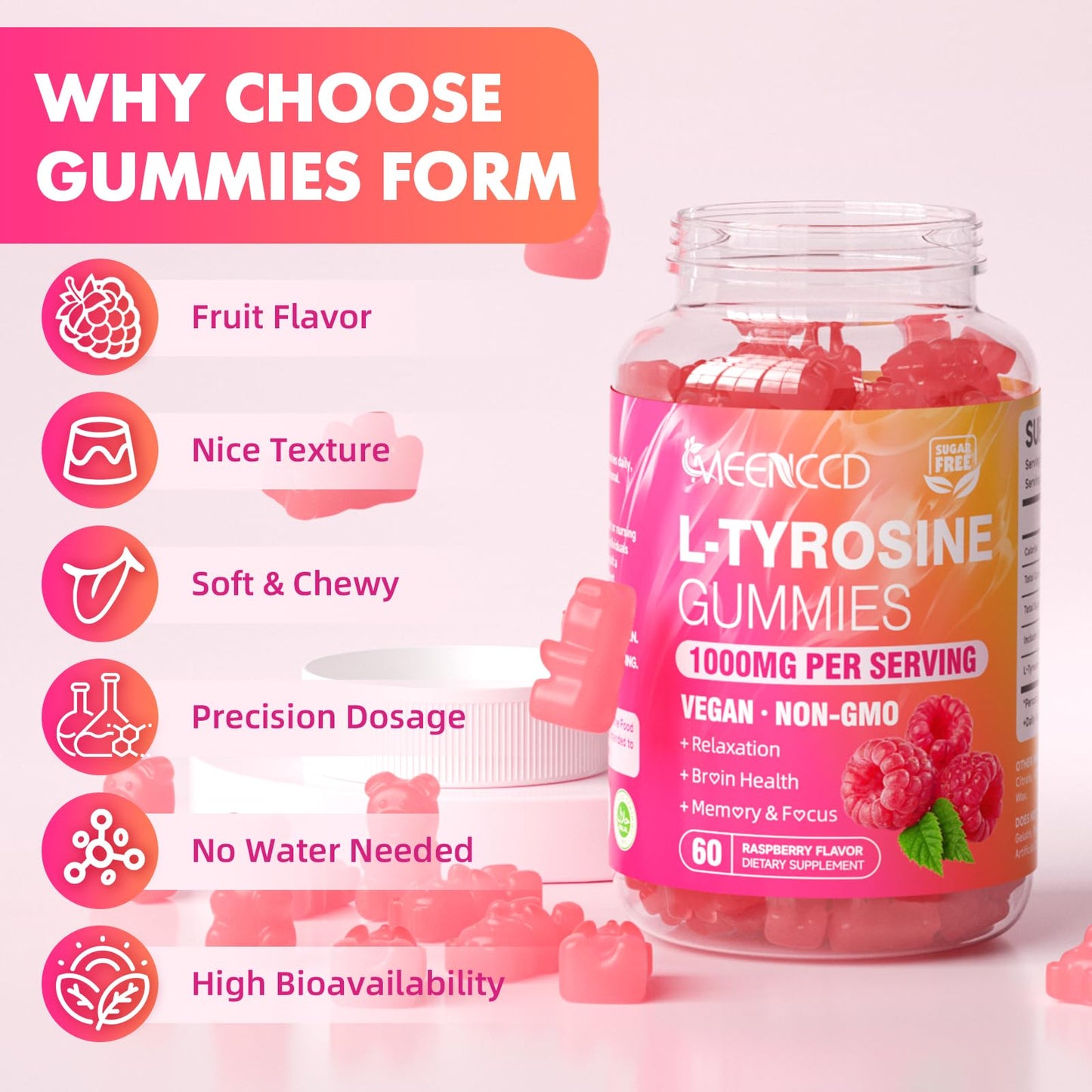 MEENCCD L-Tyrosine Gummies 1000mg, 60 Count