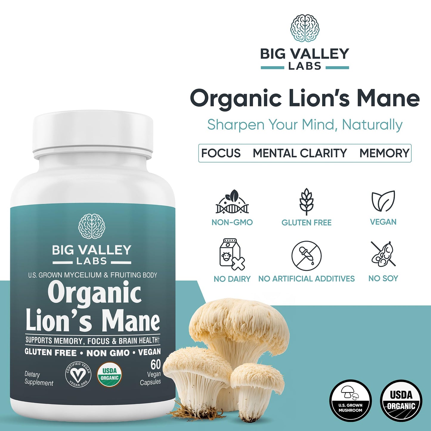 Big Valley Labs Organic Lion's Mane Mushroom Supplement Capsule, 60 Count