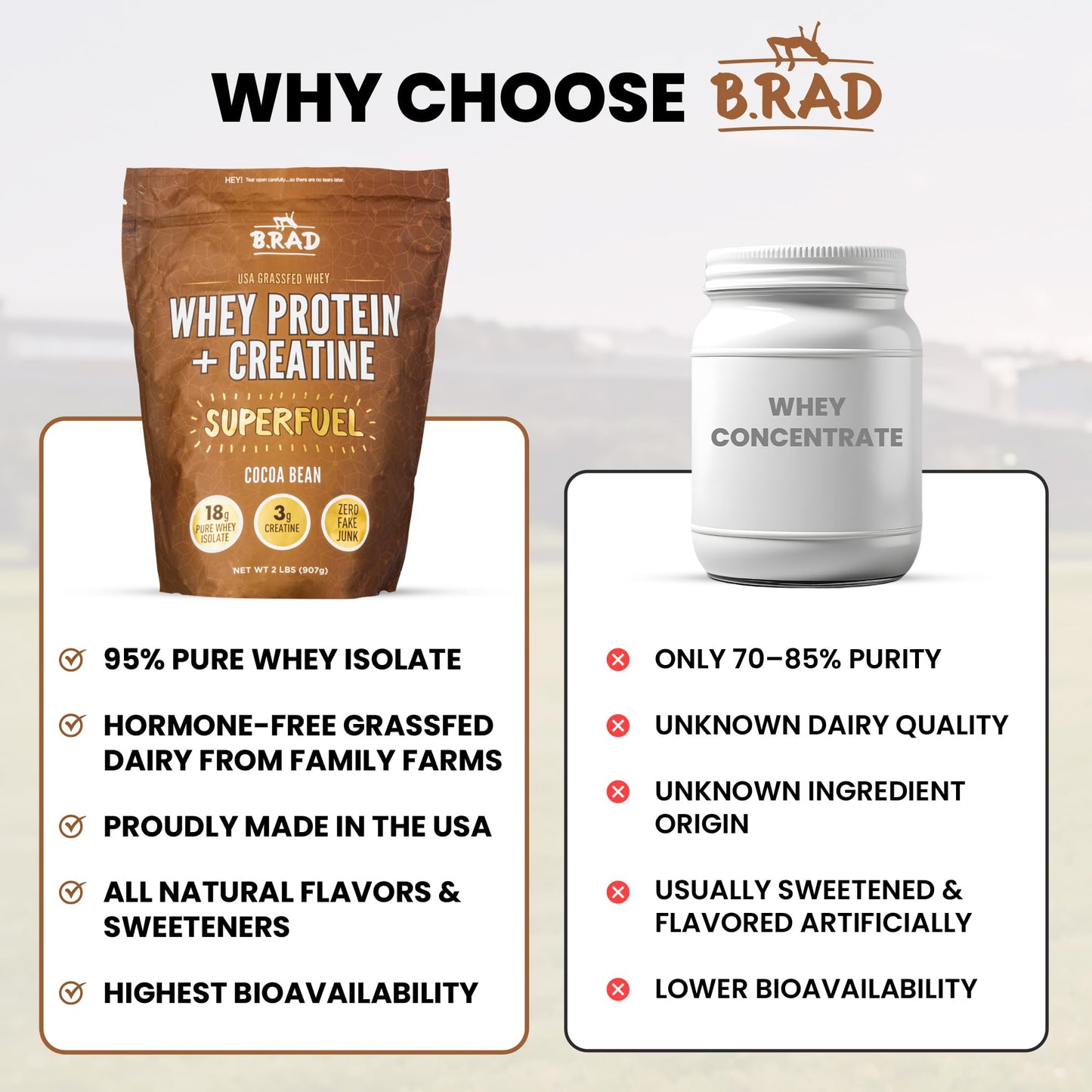 B.rad Superfuel Grass Fed Whey Protein Isolate with Creatine Powder, Cocoa Bean (Chocolate) Flavor, 2 lb, 32 Servings