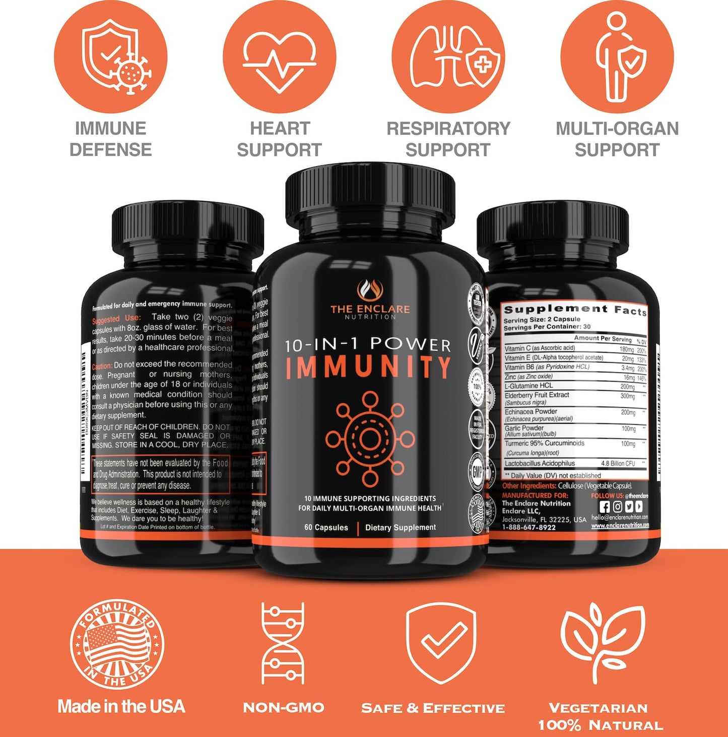 THE ENCLARE NUTRITION Immune Support Vitamins with Vitamin C, Elderberry, Zinc, Echinacea, Turmeric Curcumin, Garlic Capsules 60 Count