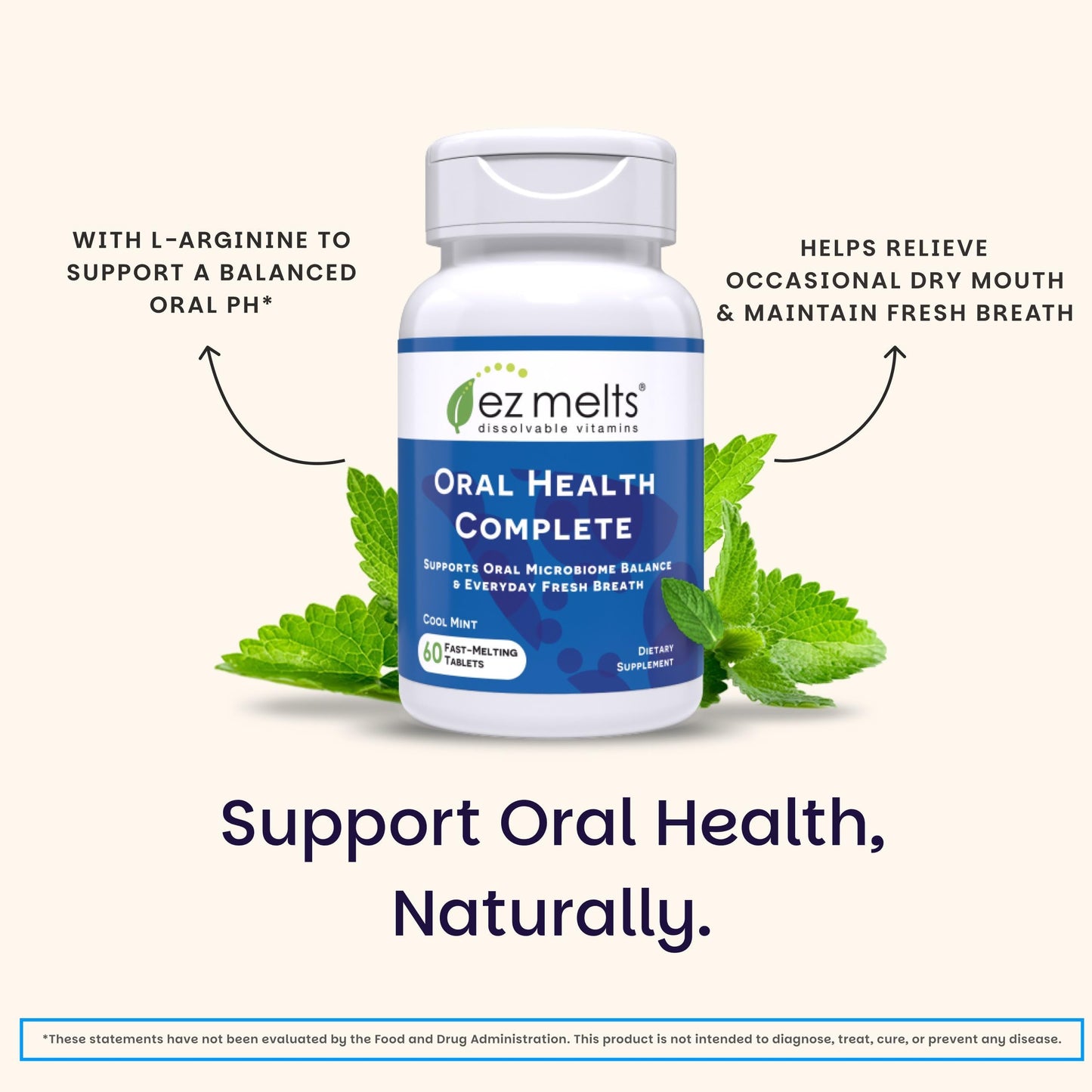 EZ Melts Oral Health Complete Oral Probiotic Supports Gum Health, Fresh Breath & Helps Relieve Occasional Dry Mouth - No Artificial Flavors, Non-GMO & Vegan, 60 Tablets