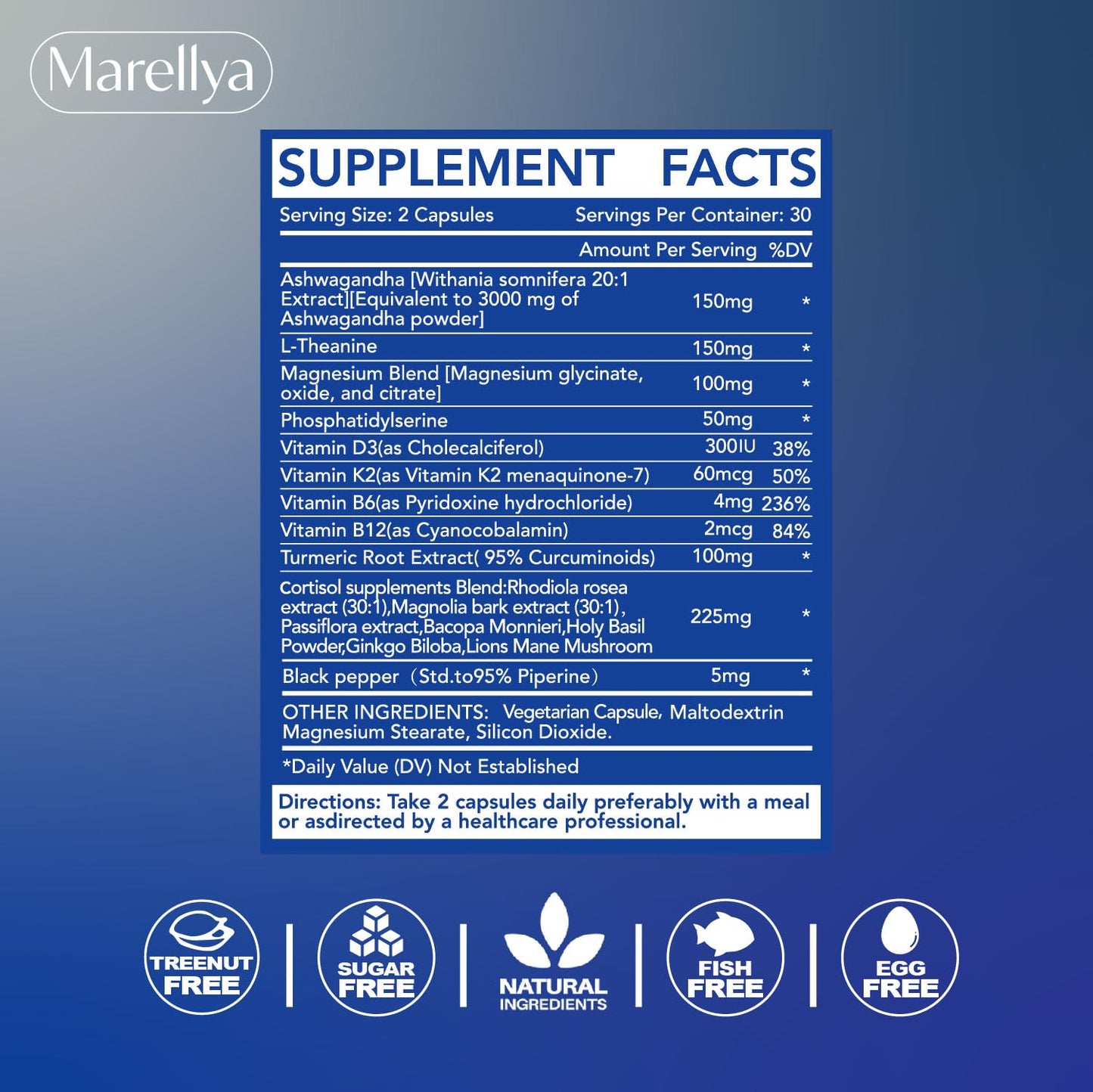 Marellya Cortisol Supplement for Women & Men – 17-in-1 Cortisol Manager with Ashwagandha, L-Theanine & Magnesium, 60 Vegetarian Capsules